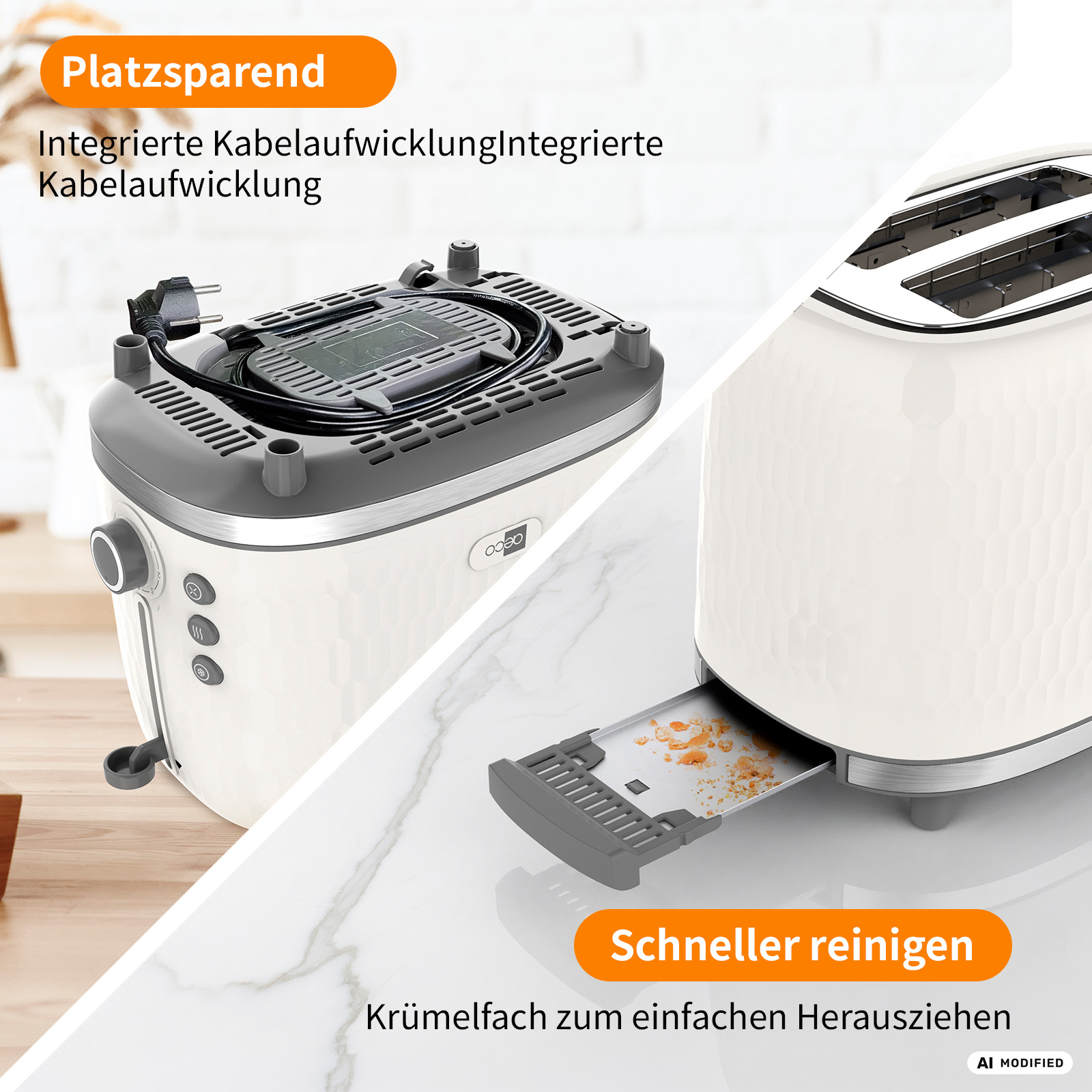 Ein weißer Toaster mit integrierter Kabelaufwicklung und Krümelschublade.