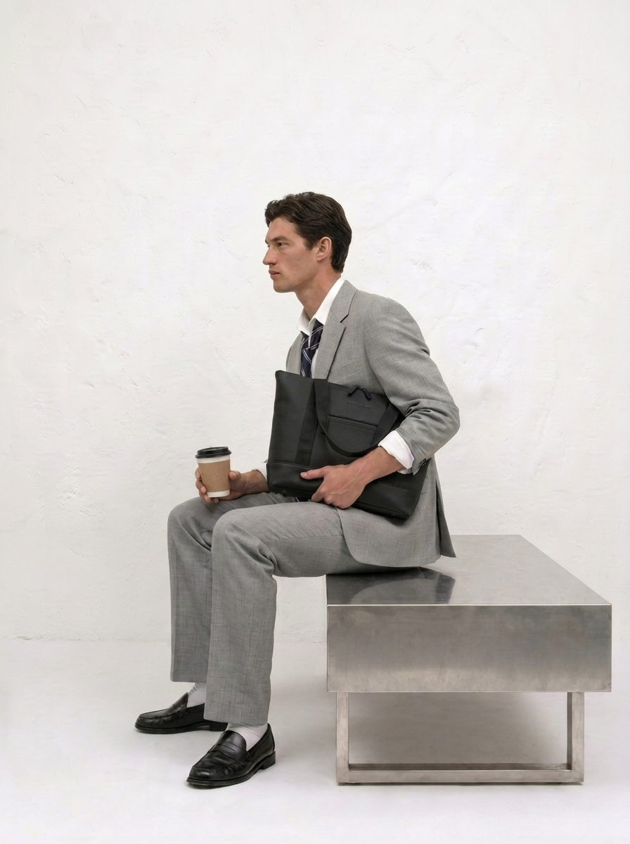 Un uomo in abito grigio siede su una panca di metallo tenendo una borsa e una tazza di caffè.