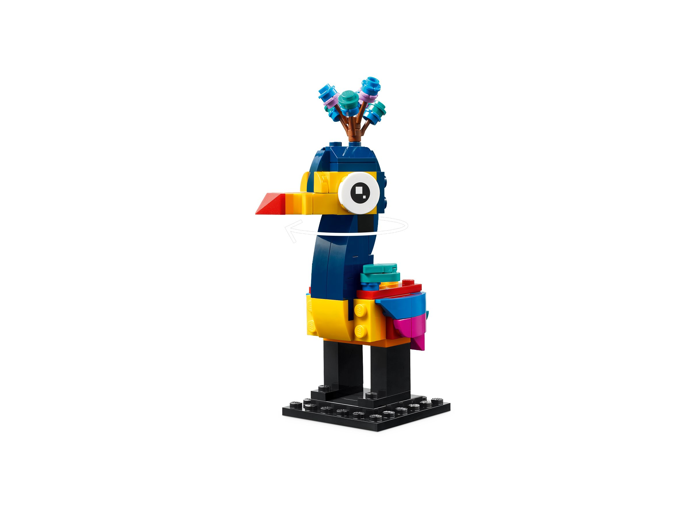 Kırmızı gagalı, mavi tüylü renkli bir Lego kuşu.