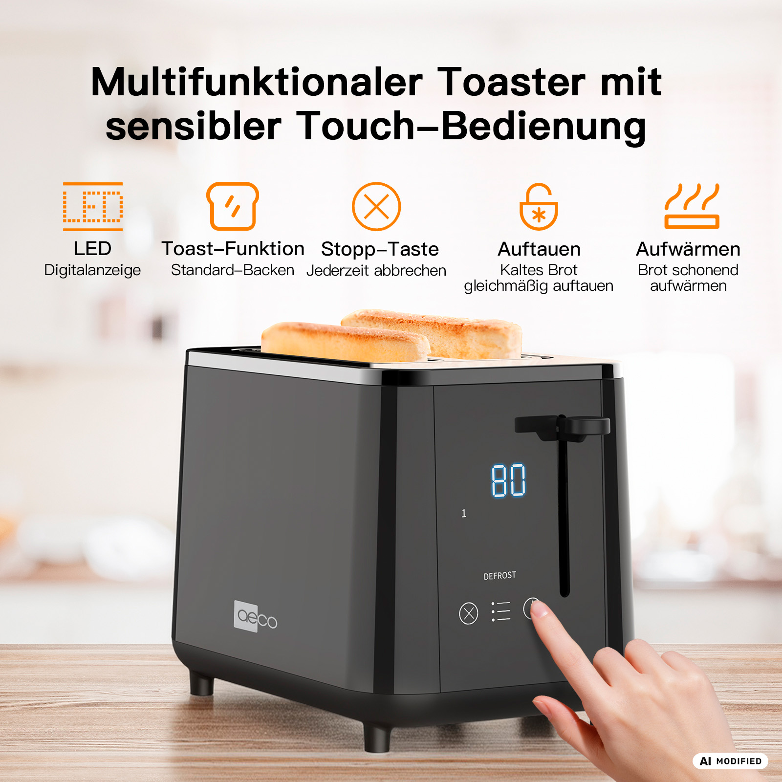 Schwarzer Toaster mit zwei Toastscheiben, Touch-Bedienung und digitaler Anzeige.