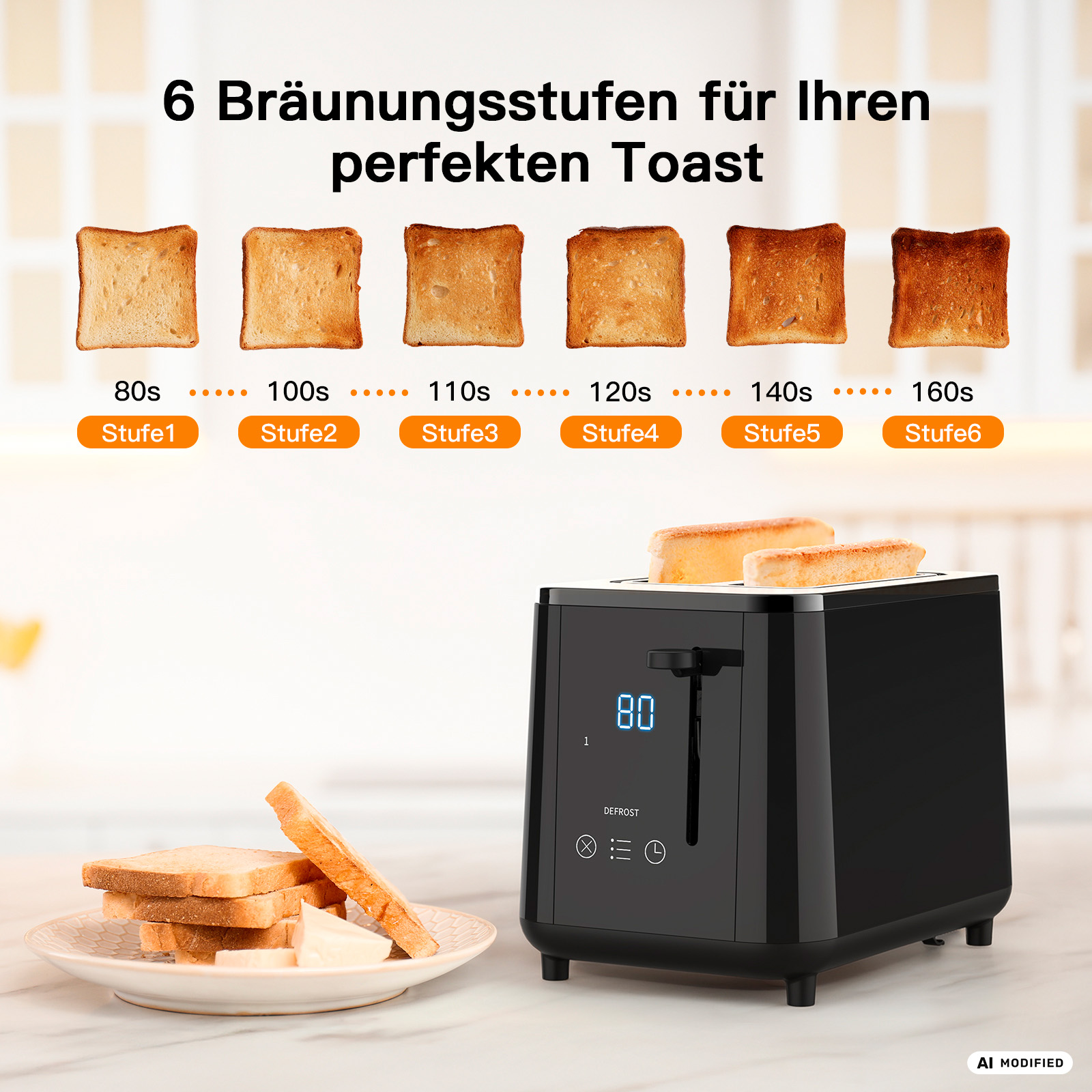 Ein schwarzer Toaster mit 6 Toastscheiben in verschiedenen Bräunungsgraden.