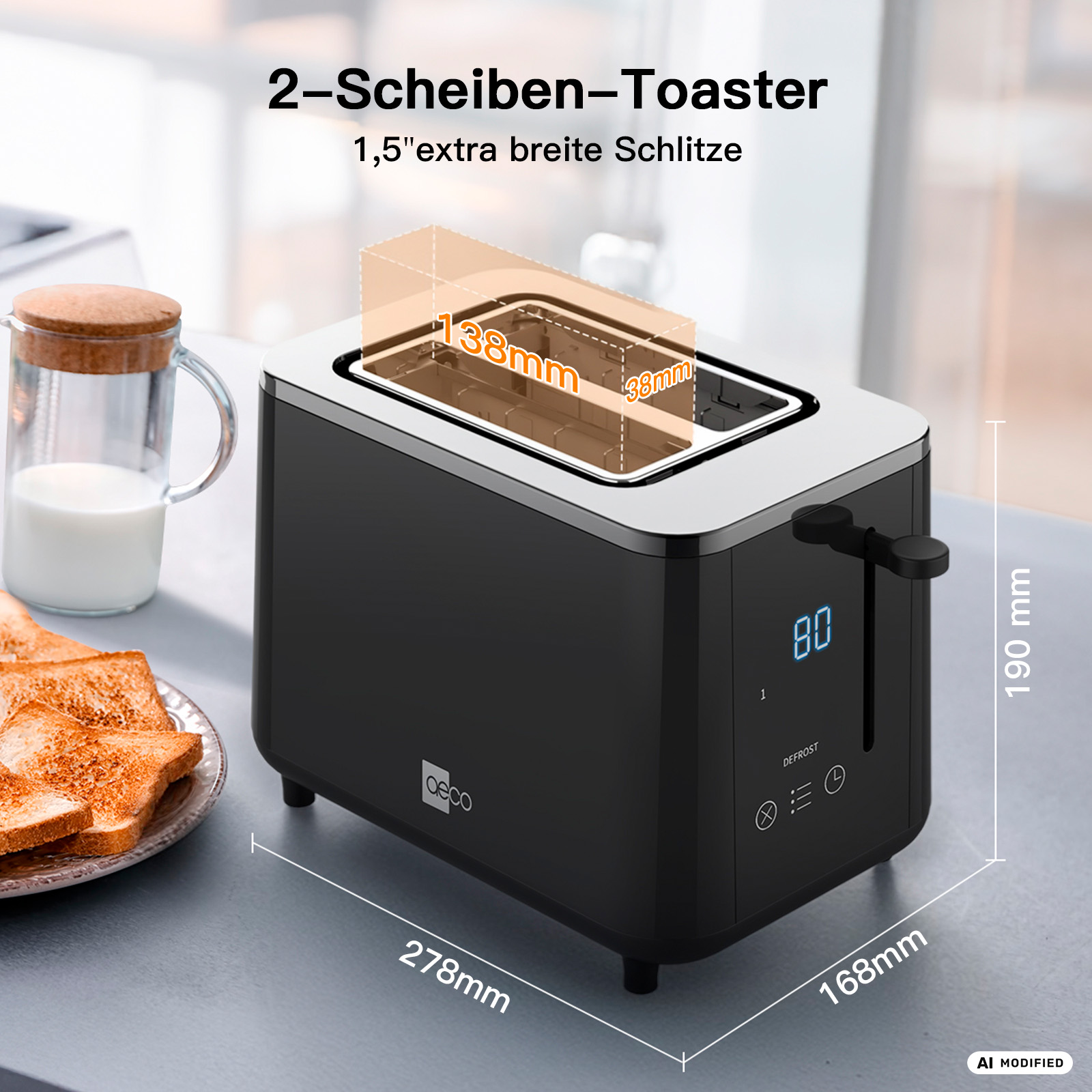 Ein schwarzer 2-Schlitz-Toaster mit Toast und Milch daneben.