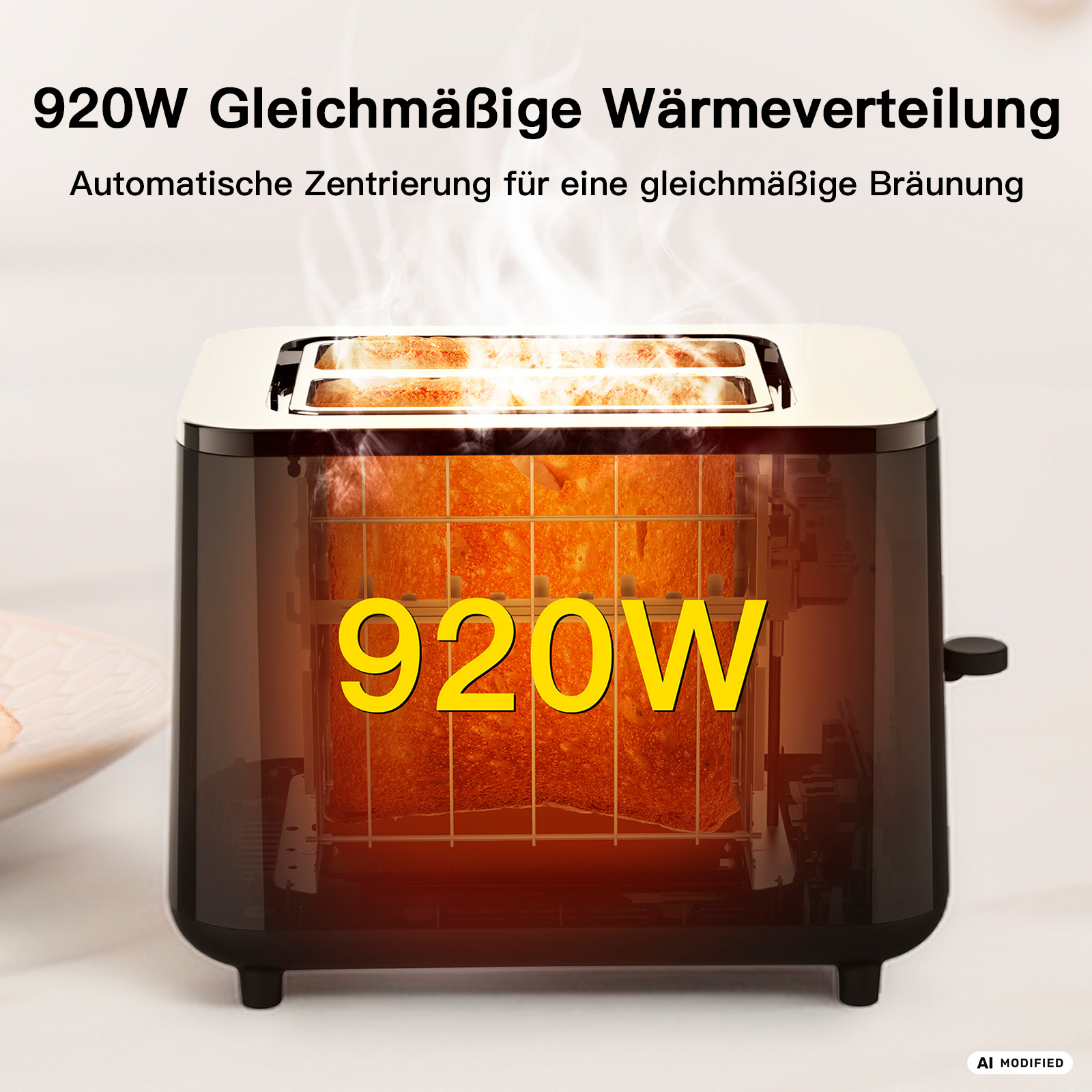 Ein Toaster mit zwei Scheiben Toast, die dampfen. 920W steht groß auf dem Toast.