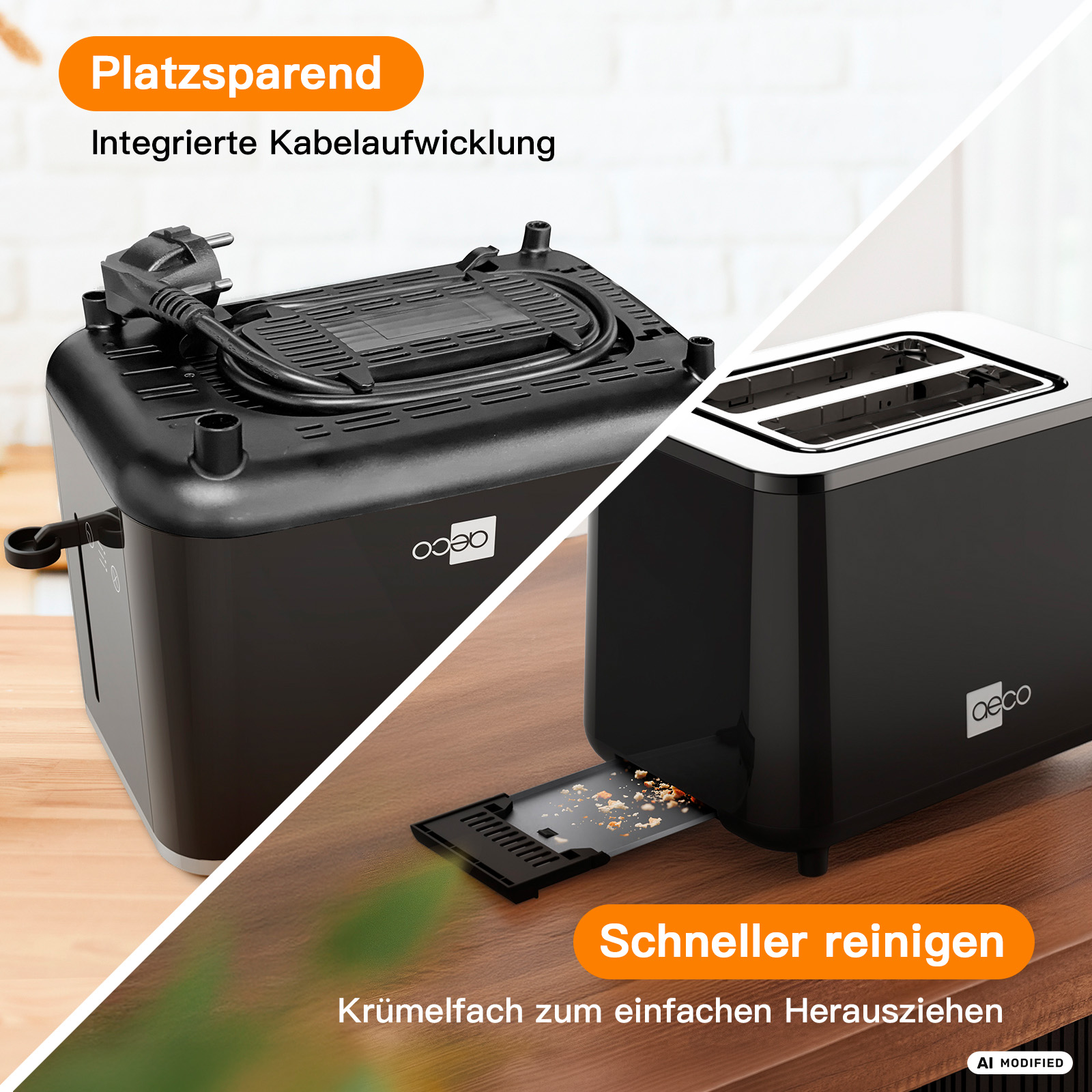 Schwarzer Toaster mit integrierter Kabelaufwicklung und Krümelschublade.
