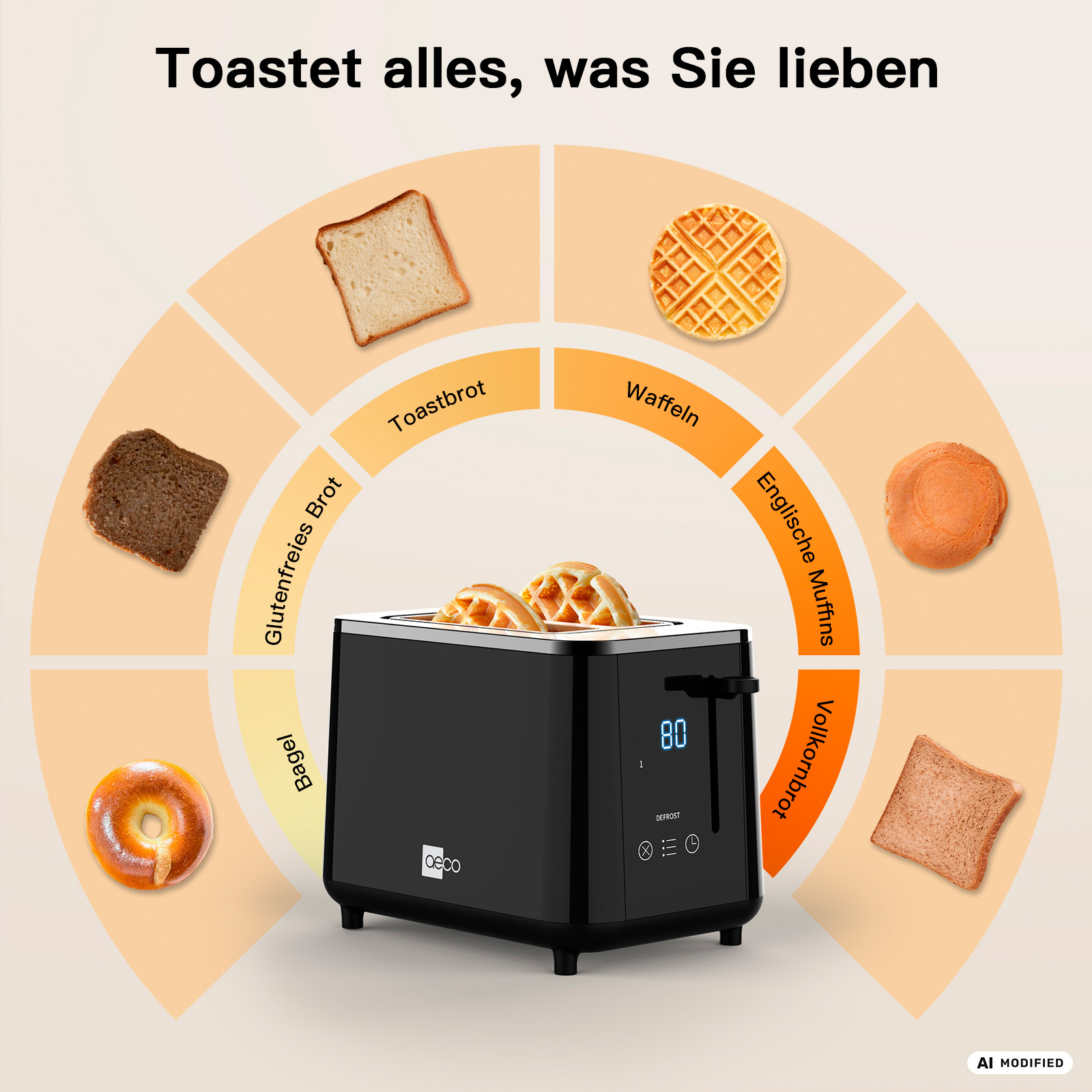Ein schwarzer Toaster toastet Waffeln. Verschiedene Brotsorten sind darum arrangiert.
