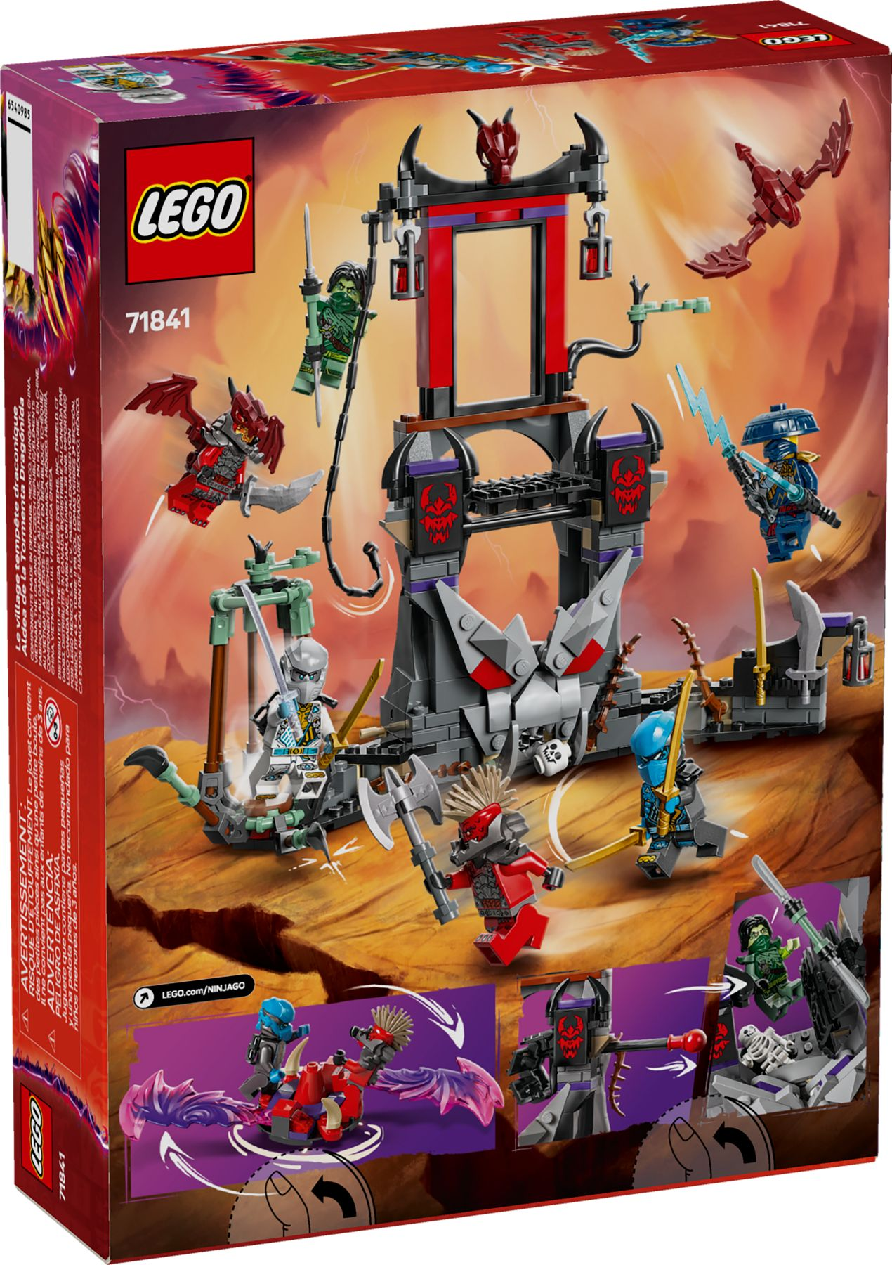 Set de Lego con figuras de Ninjago, dragones y un castillo. Escena de acción detallada.