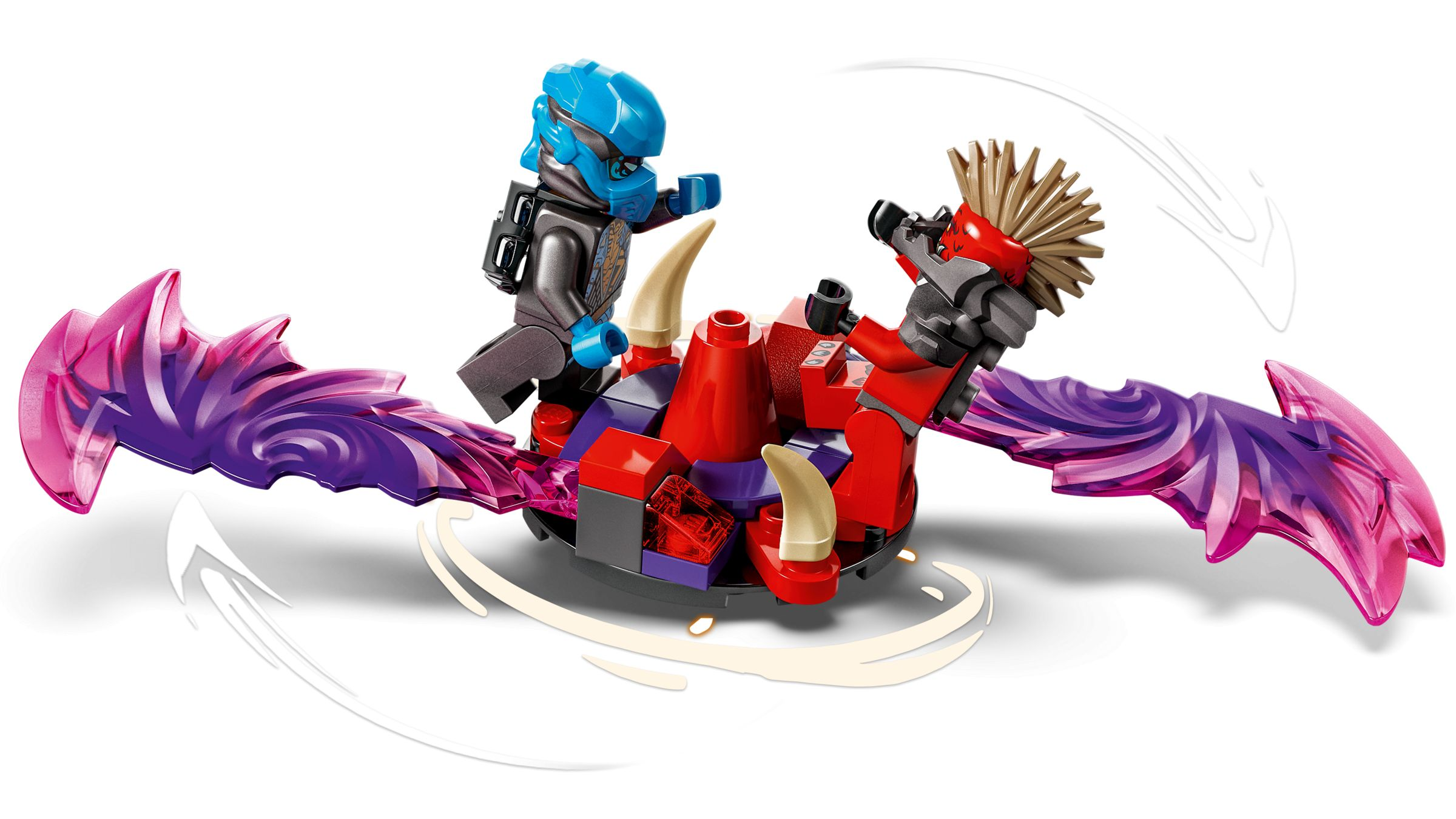 Dos figuras de Lego luchan en un vehículo rojo y morado con alas moradas.