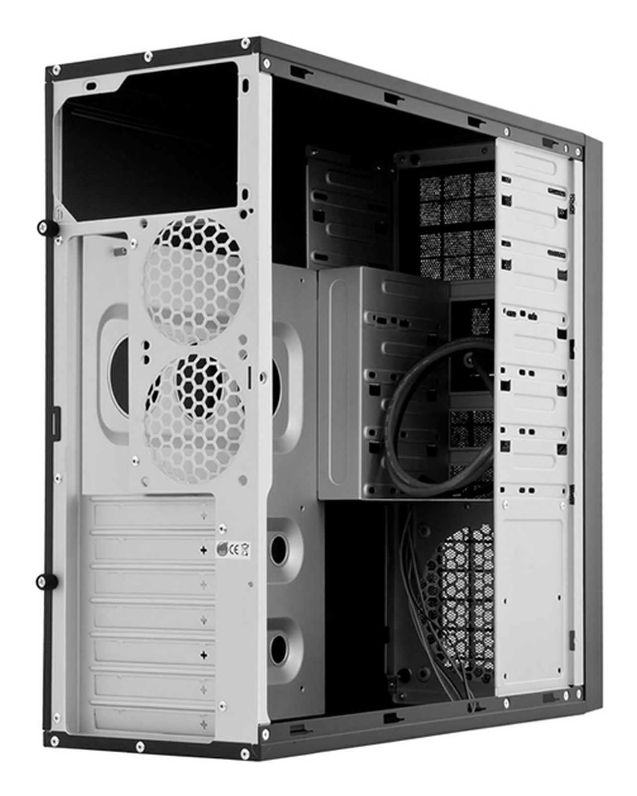 Un case per computer aperto con prese d'aria e cavi visibili.