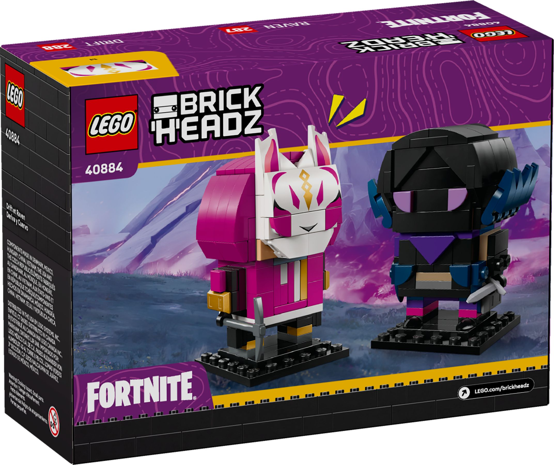 Lego BrickHeadz Fortnite kutusu, mor arka plan üzerinde Drift ve Raven figürleri.
