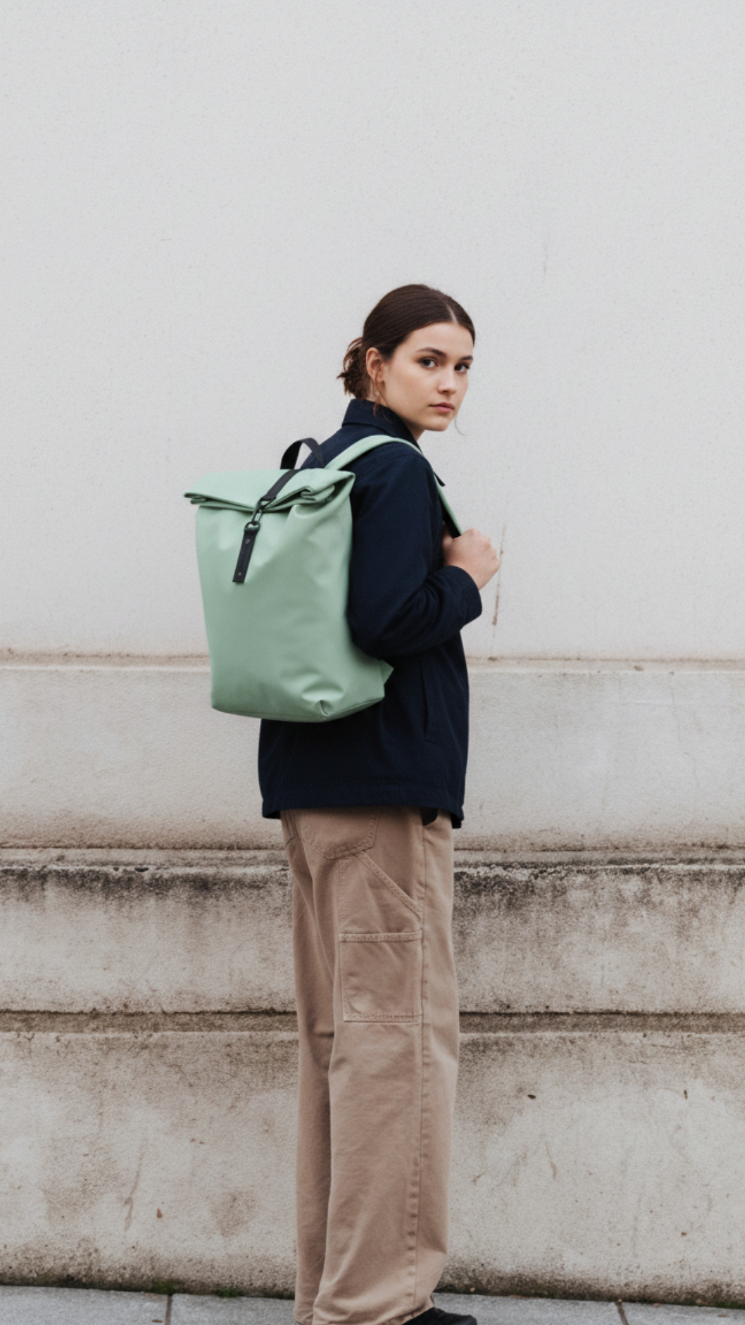 Una donna con uno zaino verde menta e pantaloni beige è in piedi contro un muro.