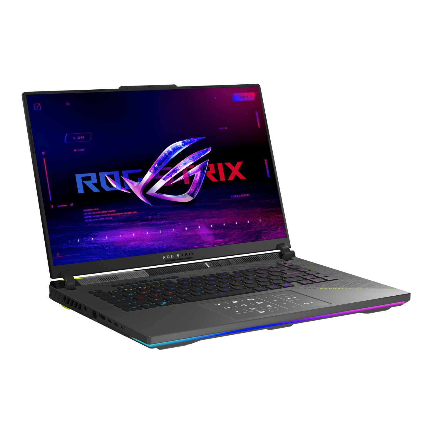 Un laptop da gaming scuro con logo ROG luminoso sullo schermo.