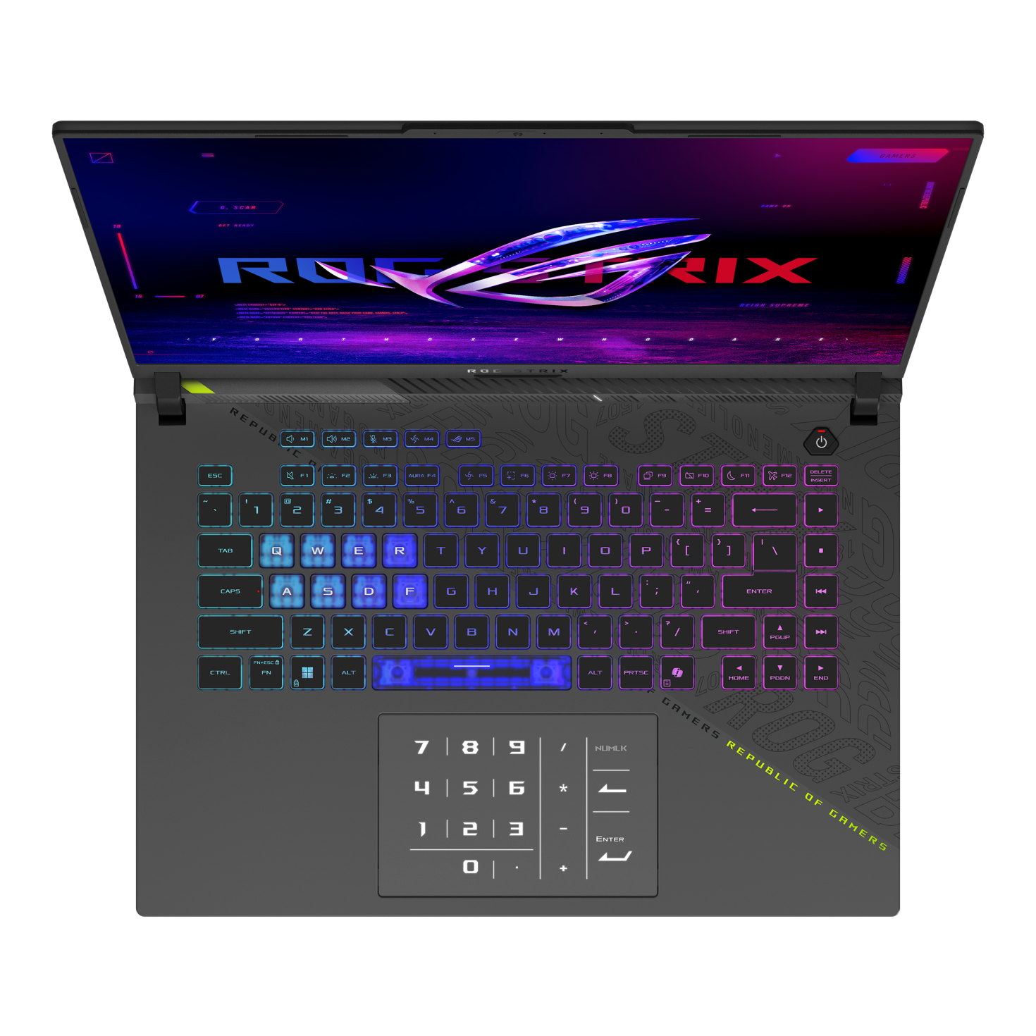 Un laptop aperto con tastiera retroilluminata e logo ROG sullo schermo.