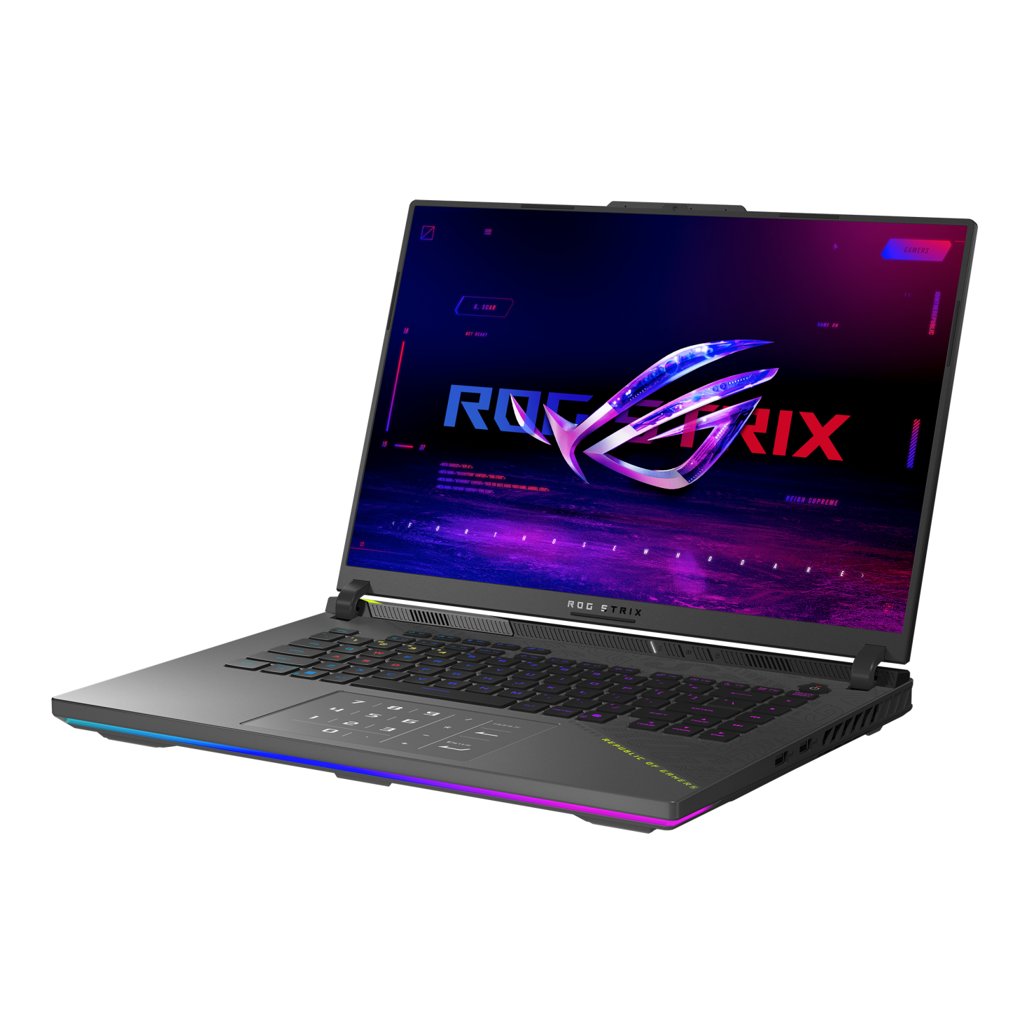 Un laptop con tastiera illuminata e logo ROG sullo schermo.