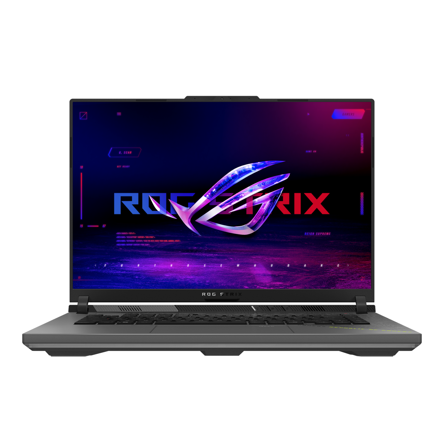 Un laptop ROG Strix nero mostra uno schermo vibrante con il logo ROG e accenti al neon.
