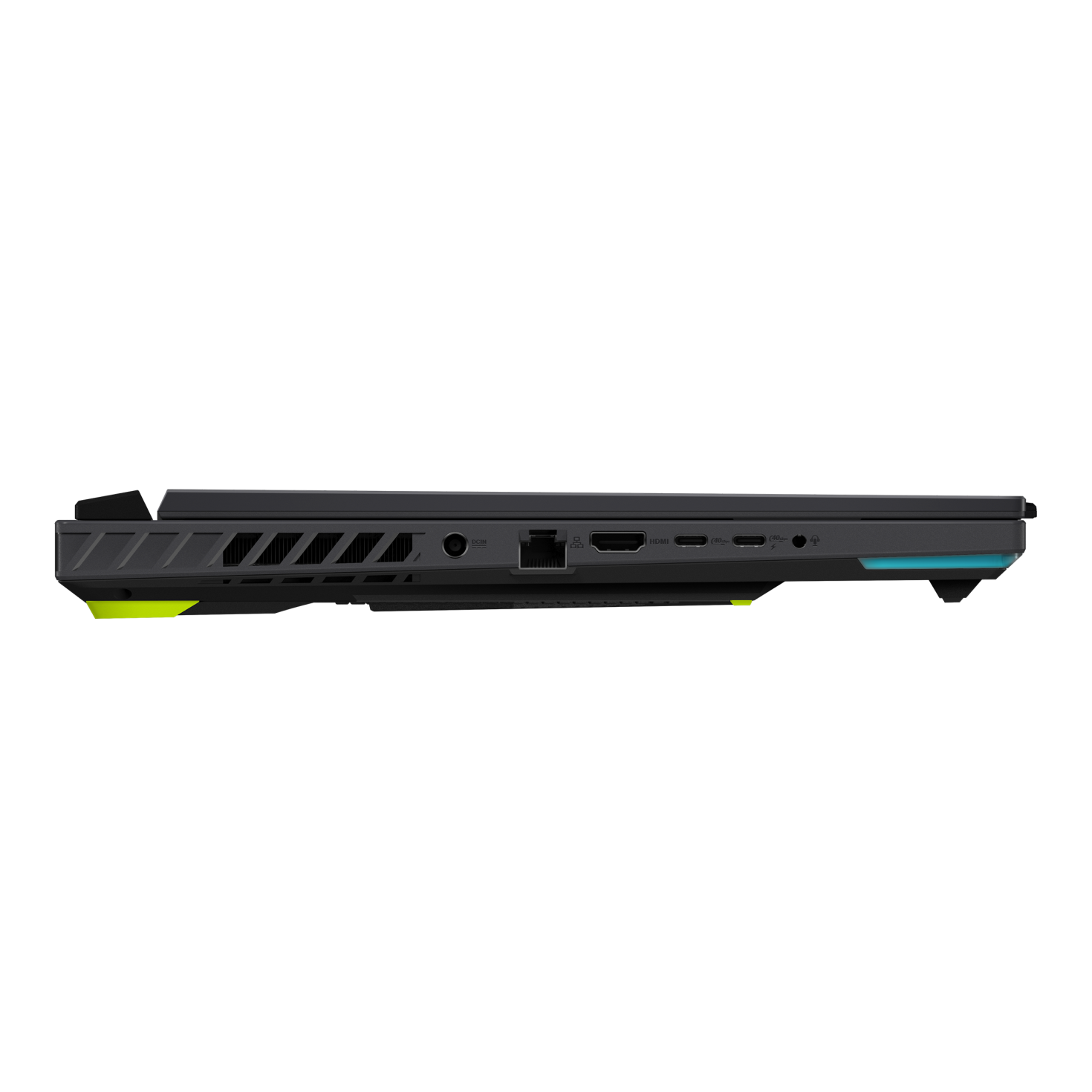 Vista laterale laptop nera con porte: DCIN, Ethernet, HDMI, 2x USB-C, jack cuffie.