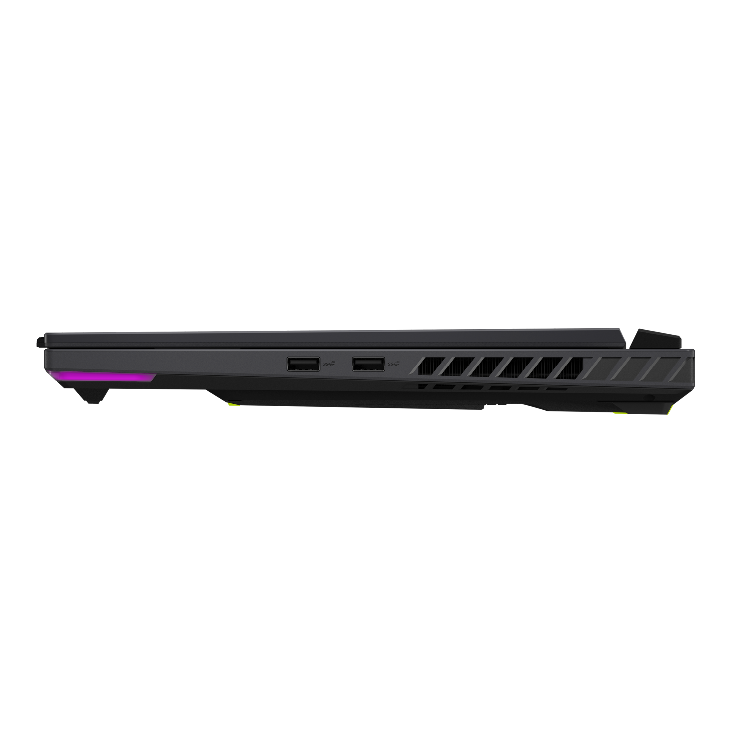 Lato laptop nero con due porte USB e feritoie di ventilazione.