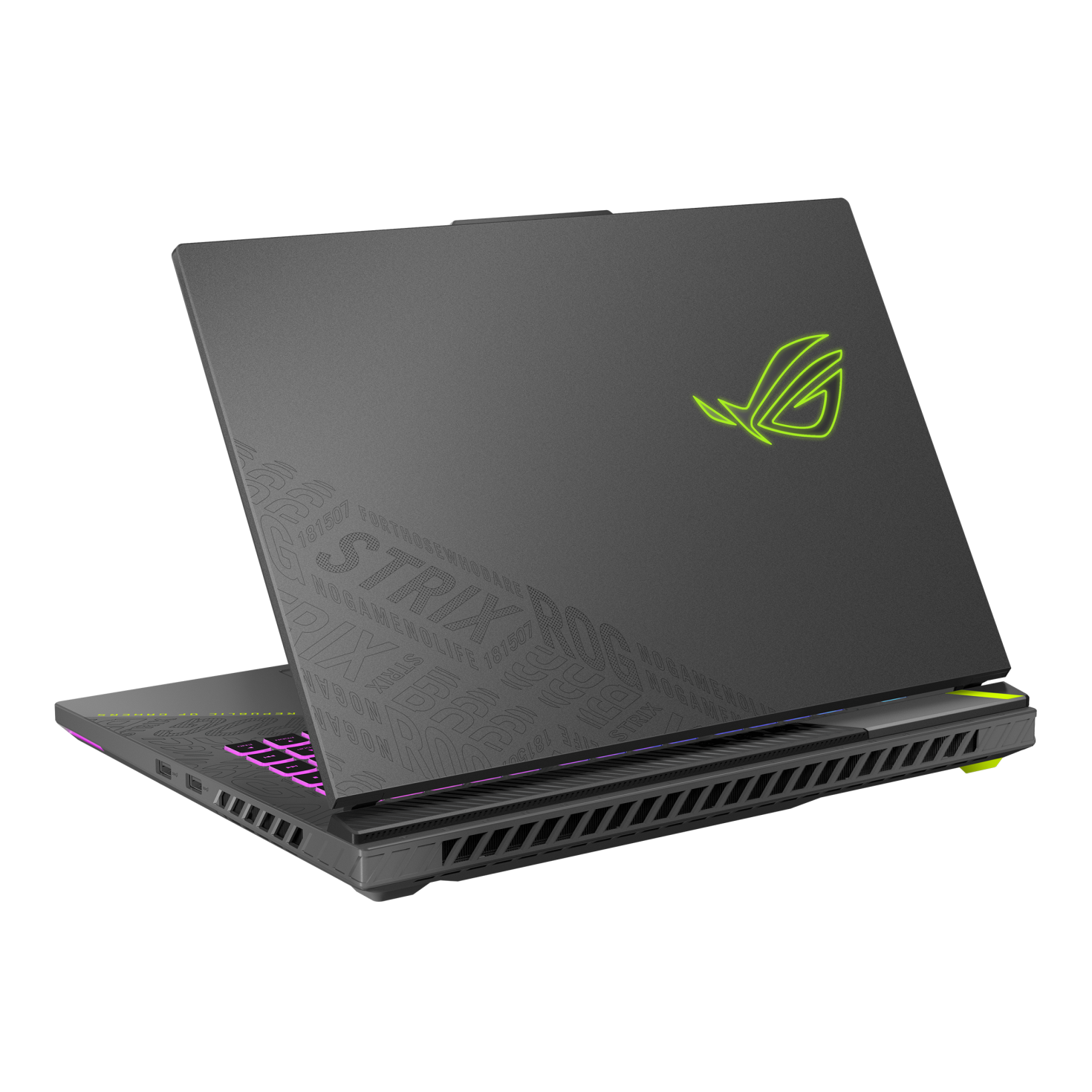 Un laptop nero chiuso con logo ROG verde neon e scritta Strix.