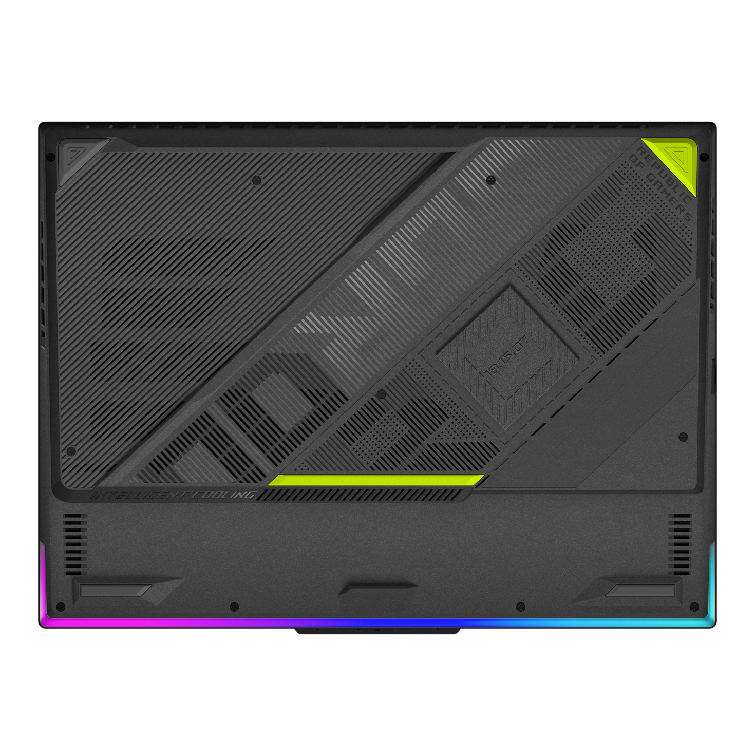 Parte inferiore laptop nera con texture grigie, accenti verde lime e illuminazione RGB.