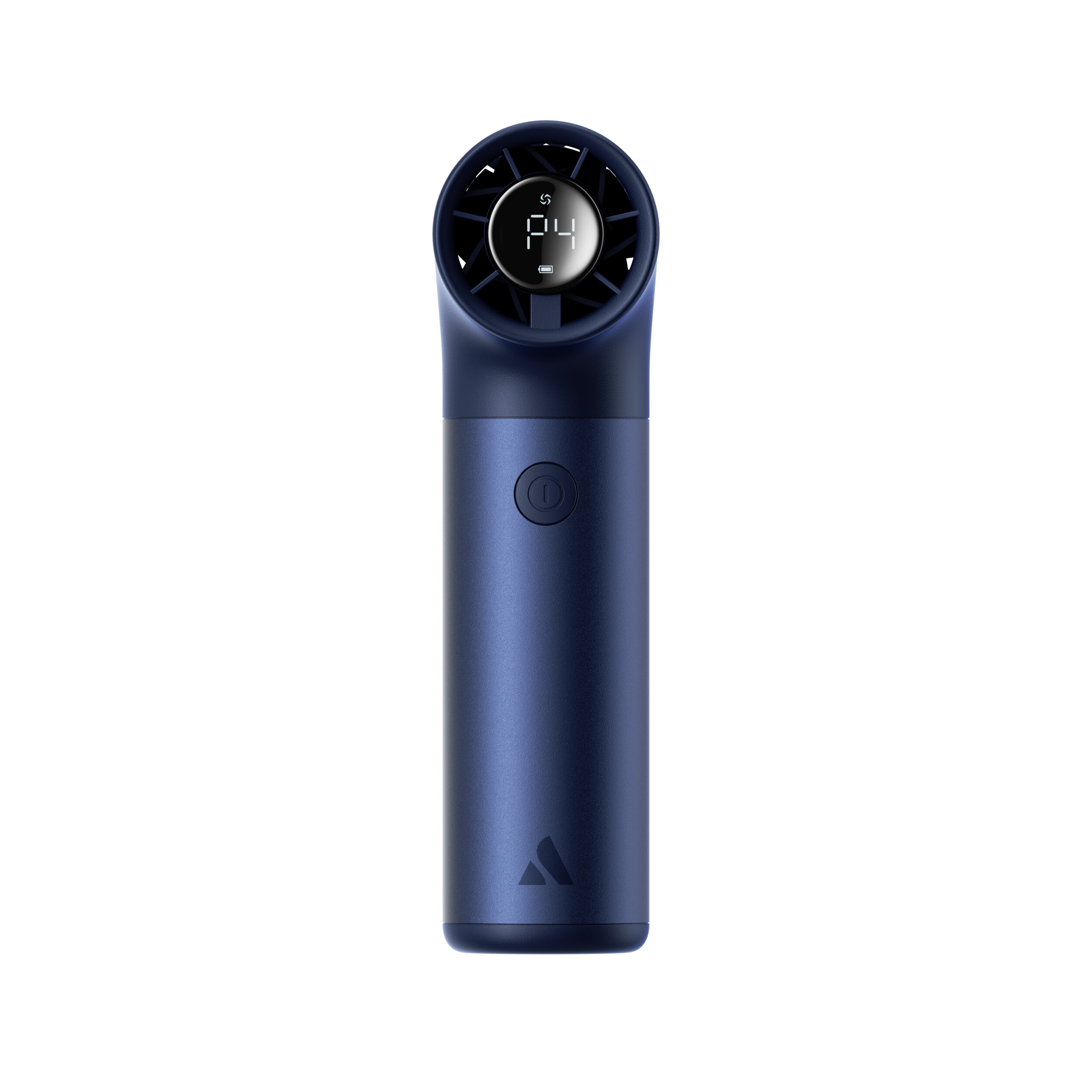 Un ventilatore portatile blu navy con display digitale che mostra "P4" e un'icona della batteria, e un pulsante di accensione sotto.
