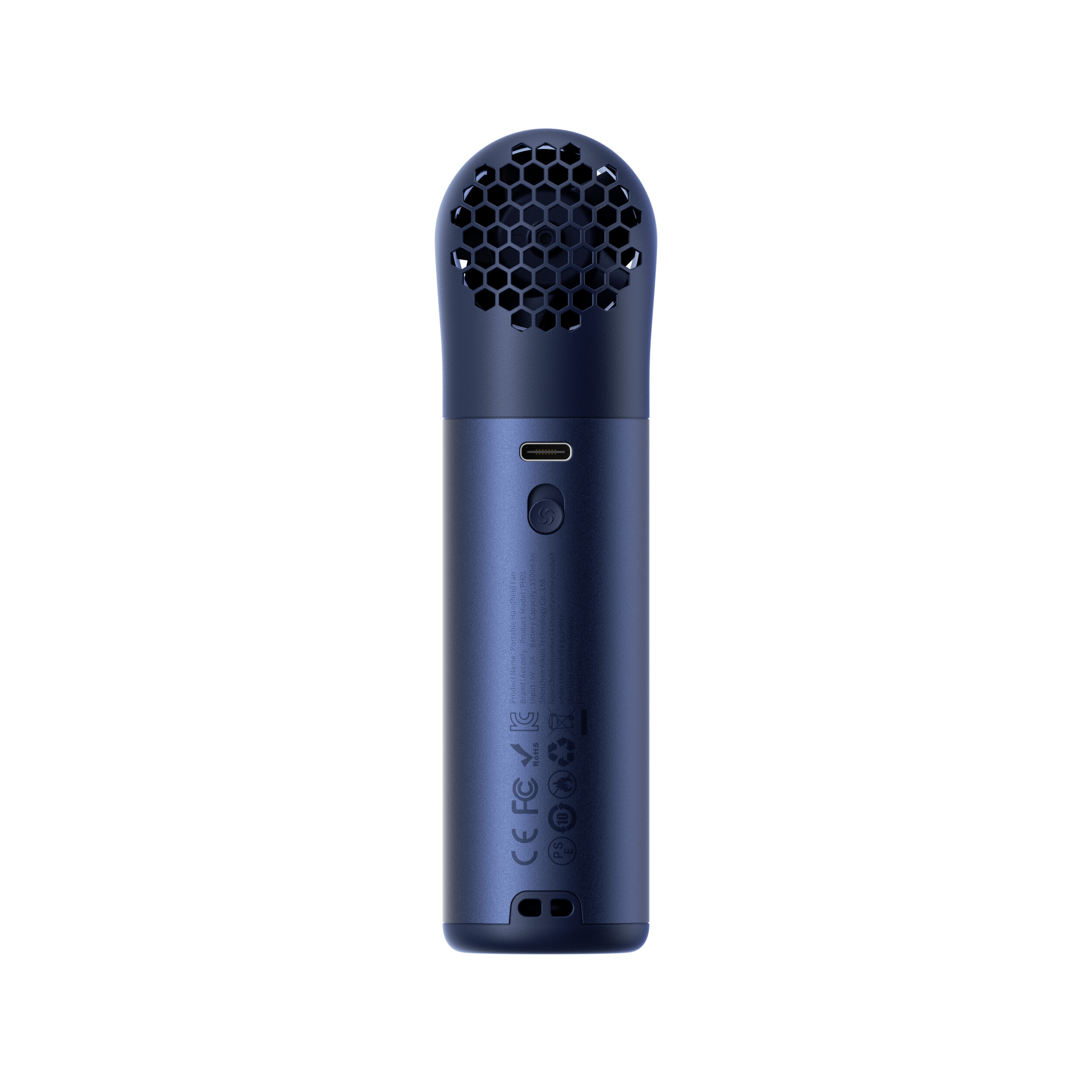 Ventilatore blu scuro con porta USB-C, pulsante di accensione e motivo a nido d'ape.