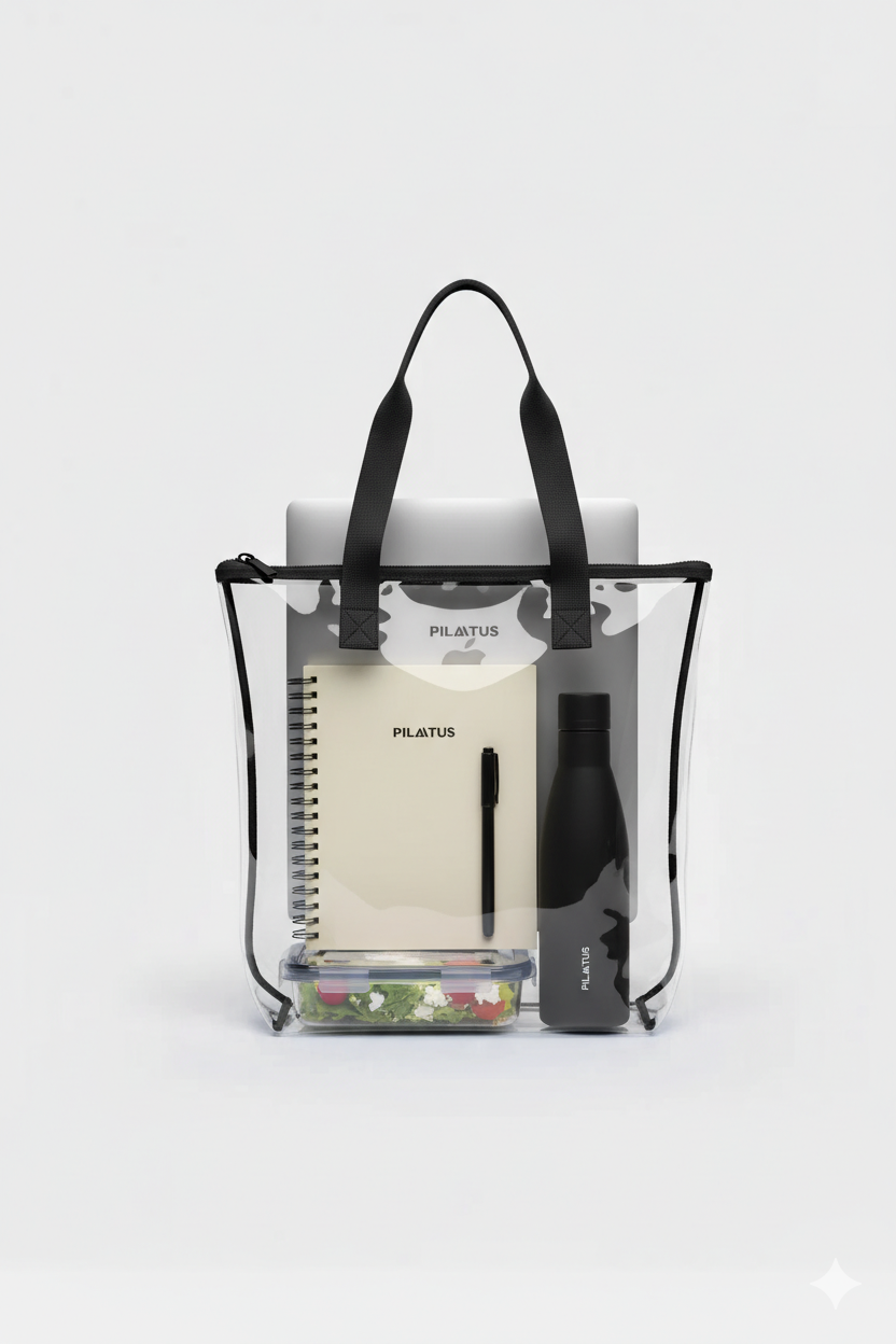 Borsa trasparente con laptop, taccuino, penna, contenitore insalata e borraccia.
