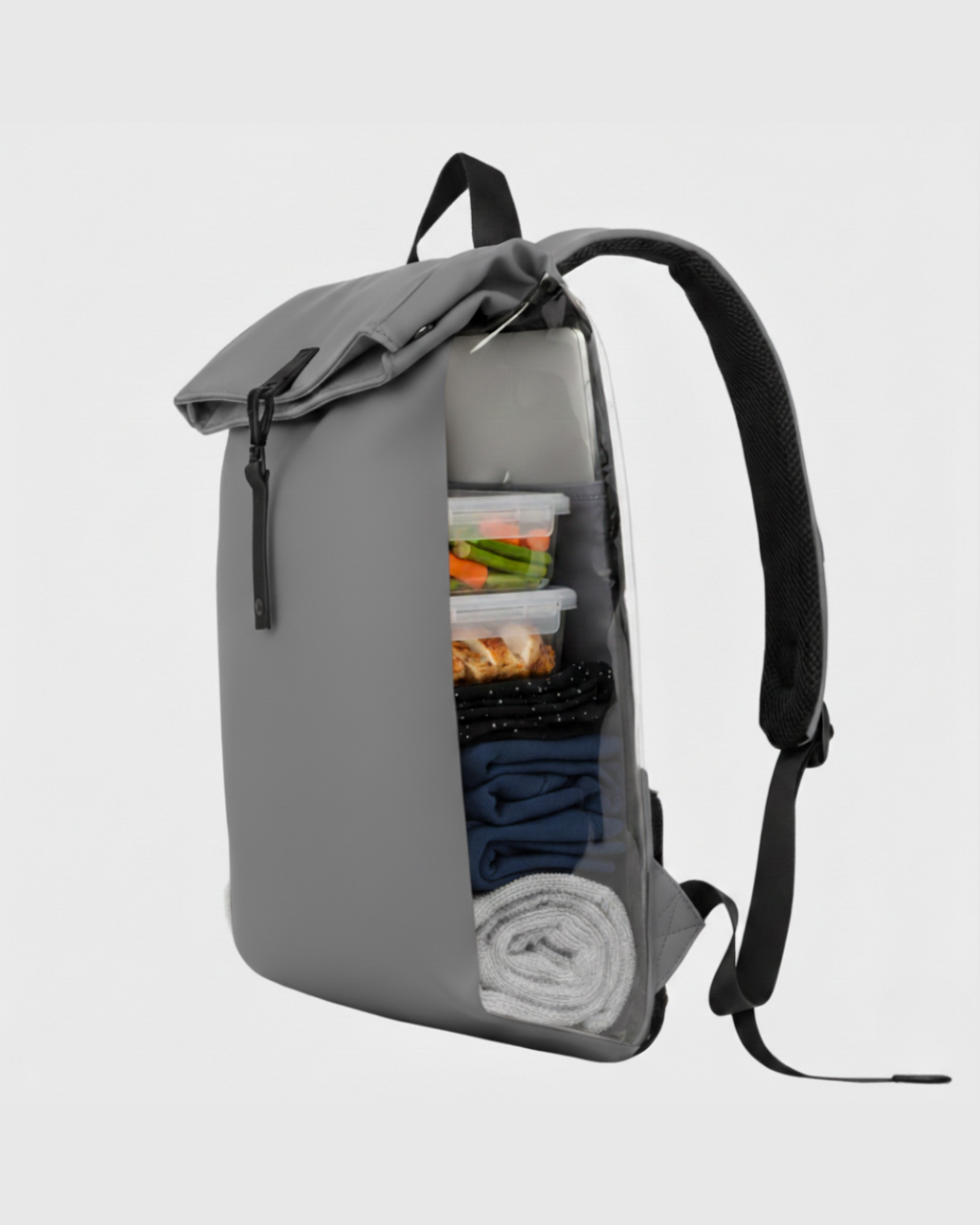 Zaino grigio con scomparto trasparente pieno di contenitori e vestiti.