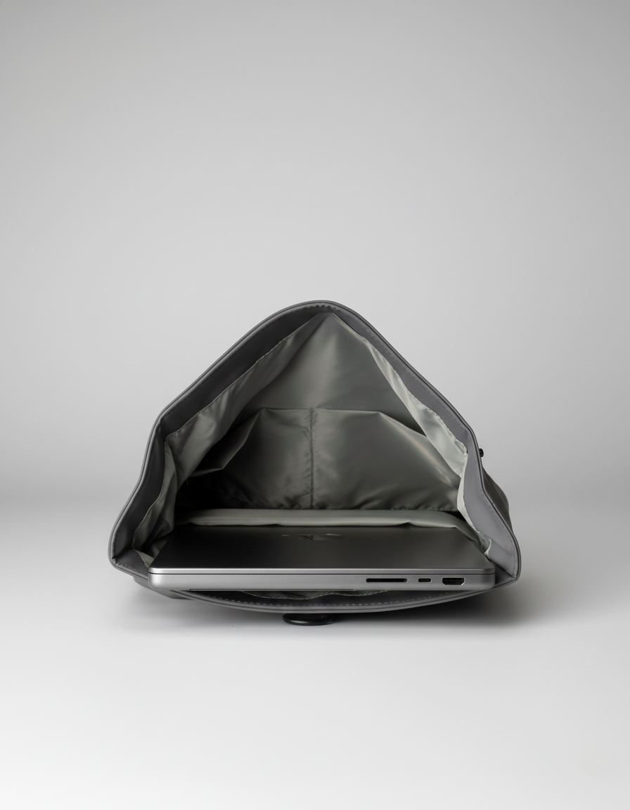 Un laptop argentato è dentro uno zaino grigio aperto su sfondo bianco.