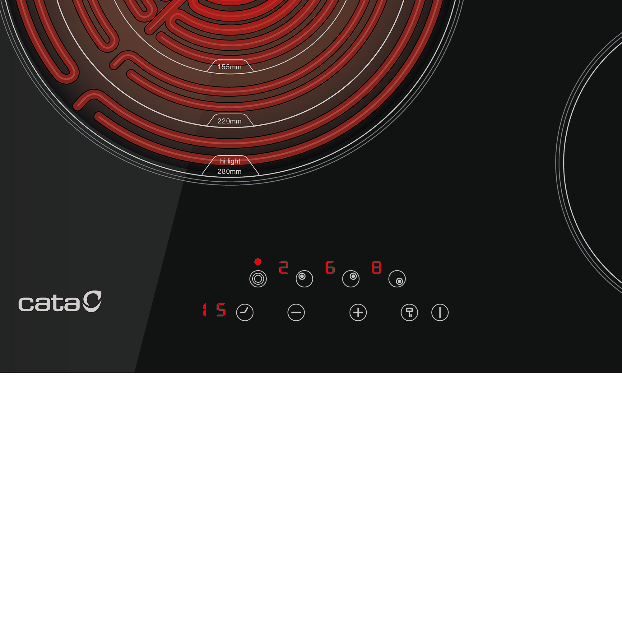 Piano cottura nero con spirale riscaldante rossa, logo Cata e controlli digitali.