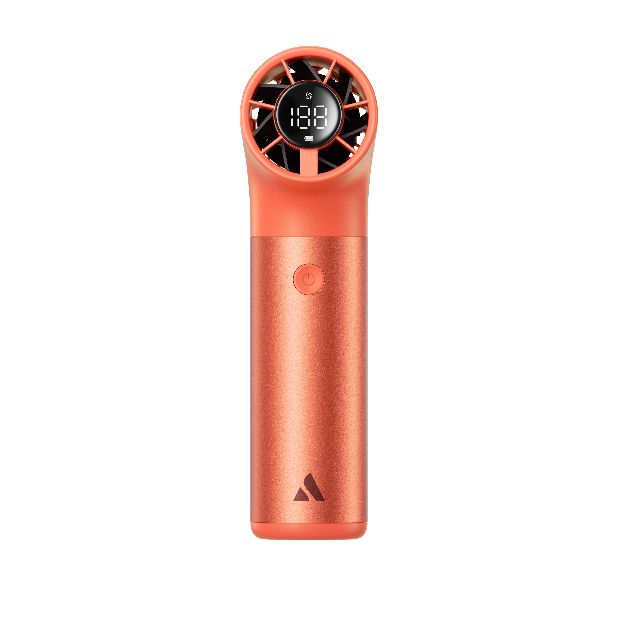 Un ventilatore portatile color oro rosa con display digitale che mostra 188, un pulsante di accensione e un logo, su sfondo bianco.