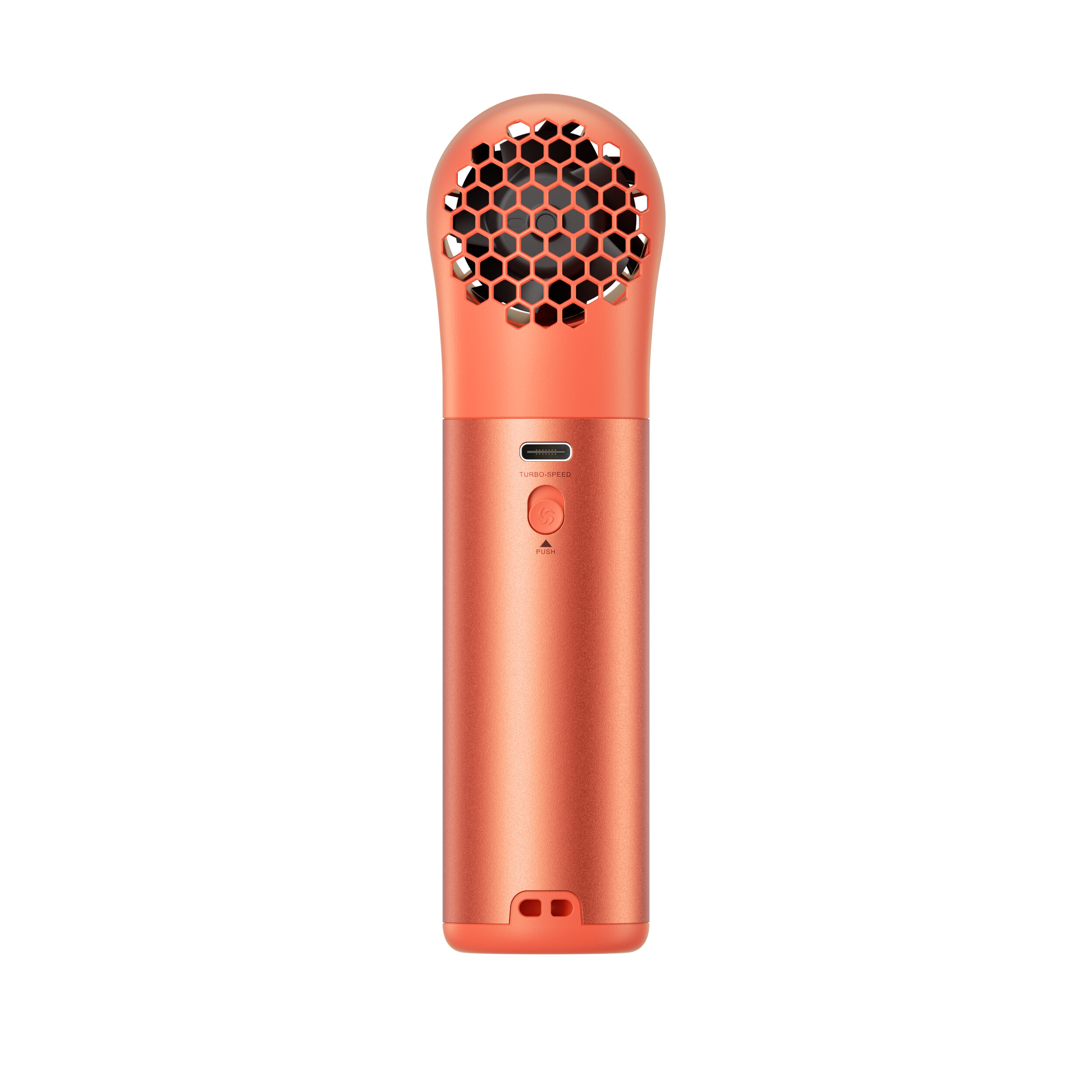 Un ventilatore portatile color corallo con porta USB-C e pulsante di accensione.