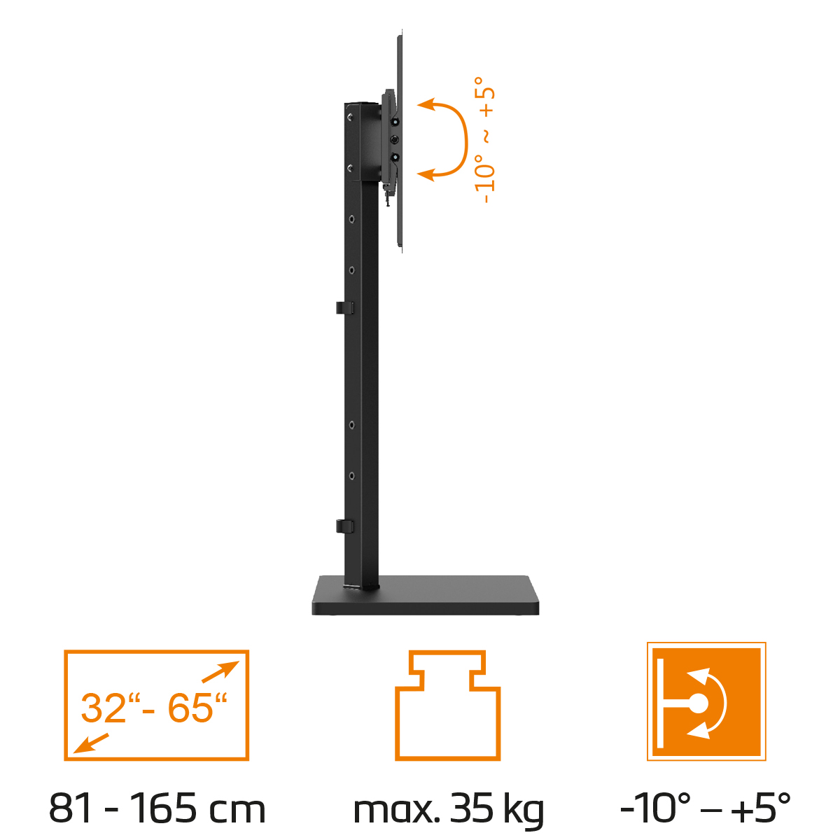 Schwarzer TV-Ständer mit Bildschirmhalterung, für 32-65 Zoll, max. 35 kg, Neigung -10° bis +5°.