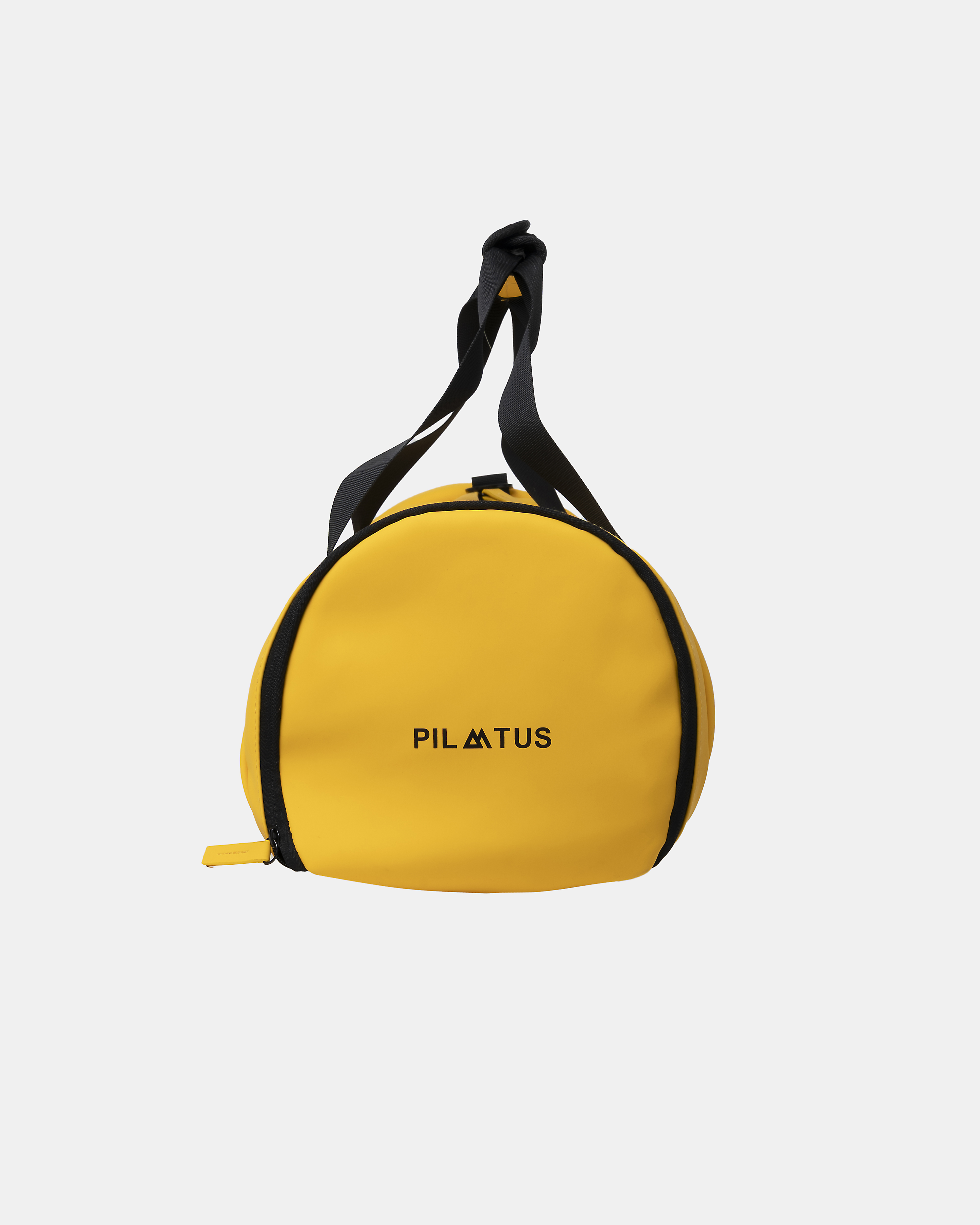 Borsone giallo con cinghie e zip nere, logo PILATUS.
