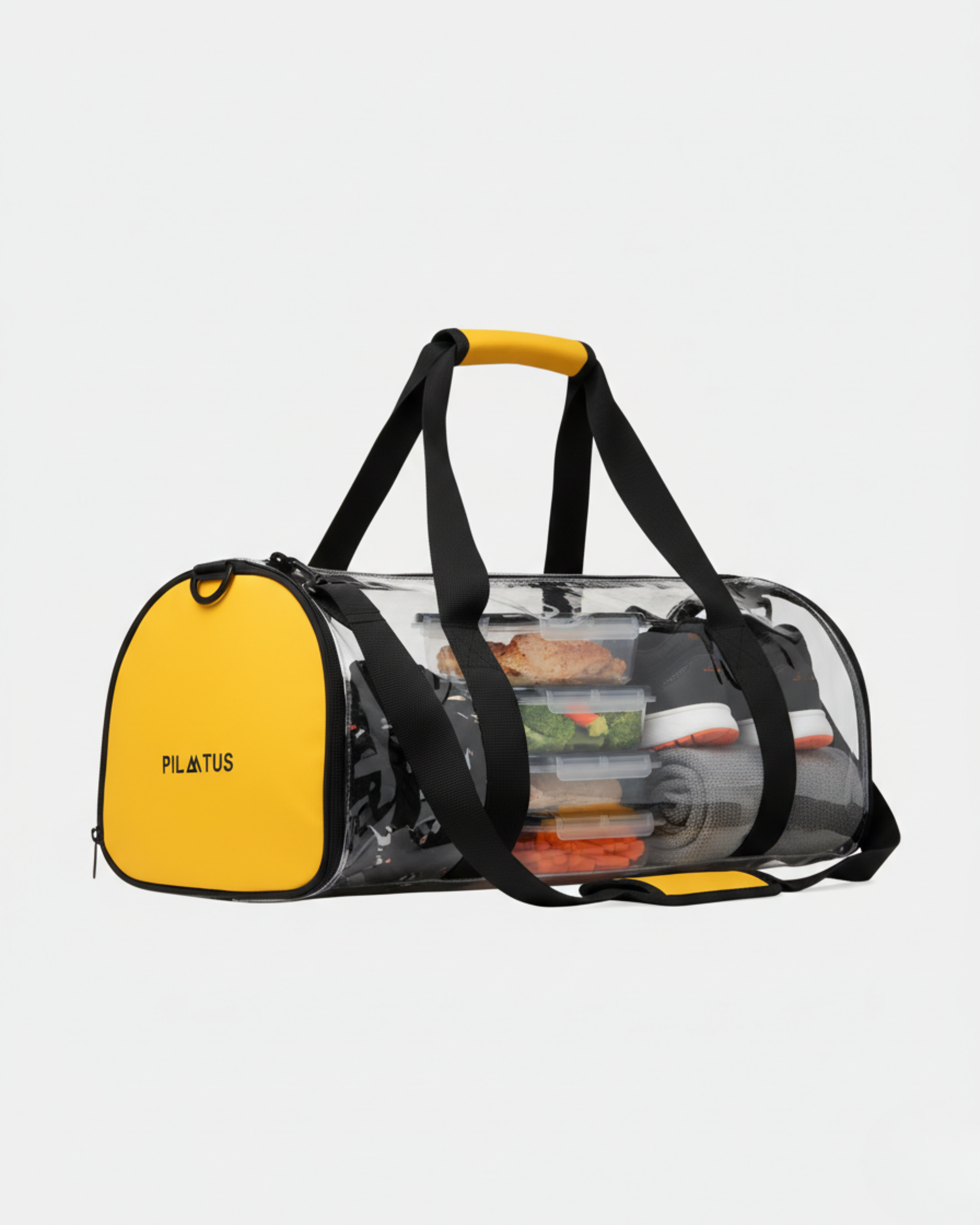 Borsa sportiva trasparente con estremità gialle, piena di contenitori per cibo.