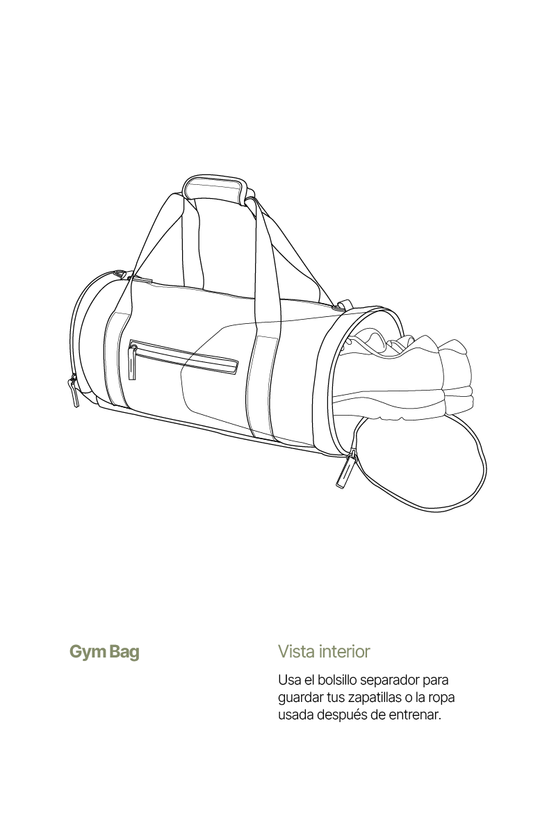 Un disegno al tratto di una borsa da palestra con uno scomparto con zip contenente scarpe.