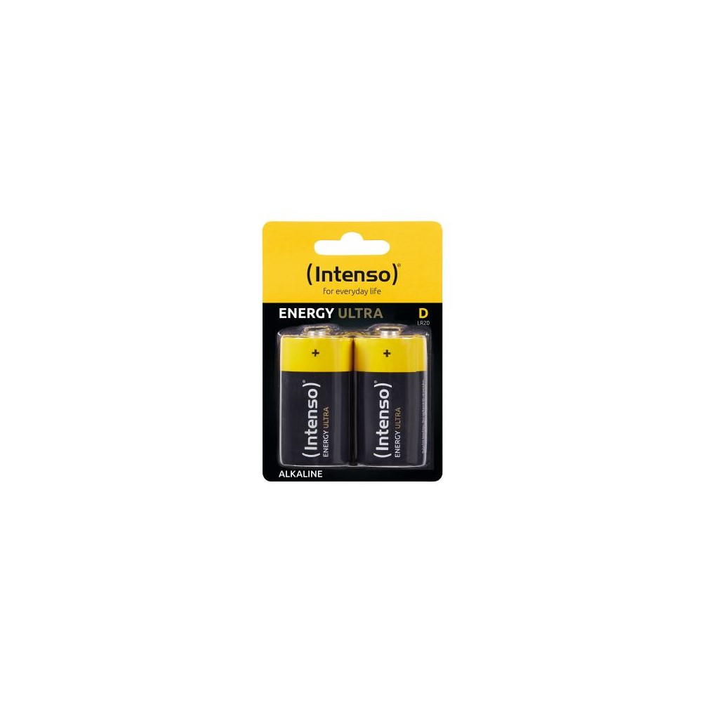 Sarı ve siyah ambalajda iki adet Intenso Energy Ultra D LR20 alkalin pil.