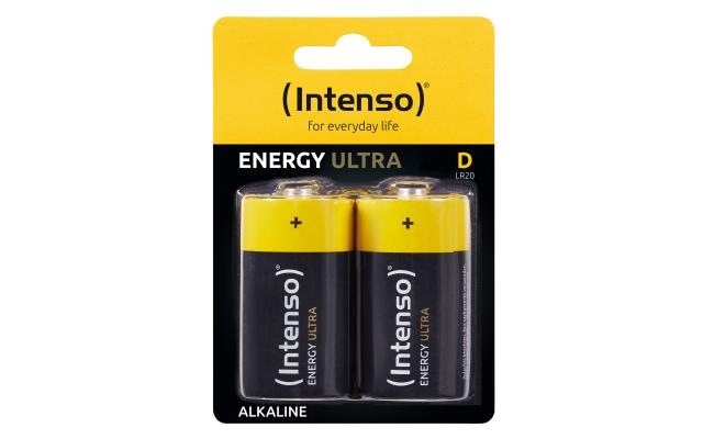 Ambalajda iki adet Intenso Energy Ultra D alkali pil.
