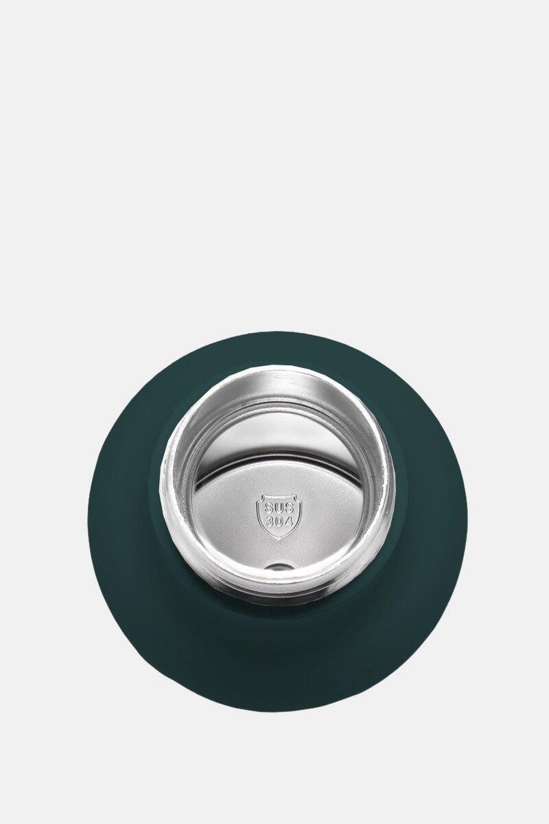 Bottiglia verde scuro con tappo argentato e logo SUS 304.