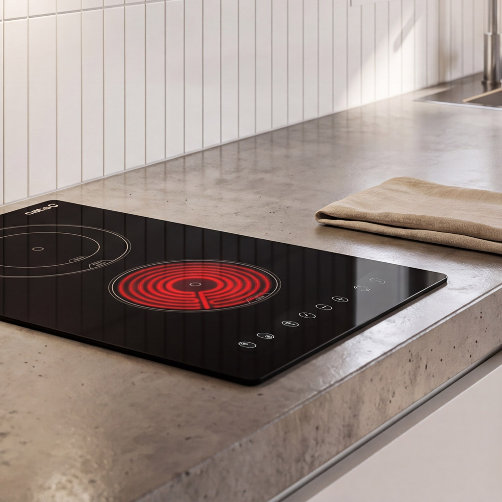 Piano cottura nero con elemento riscaldante rosso, su piano di lavoro in cemento.