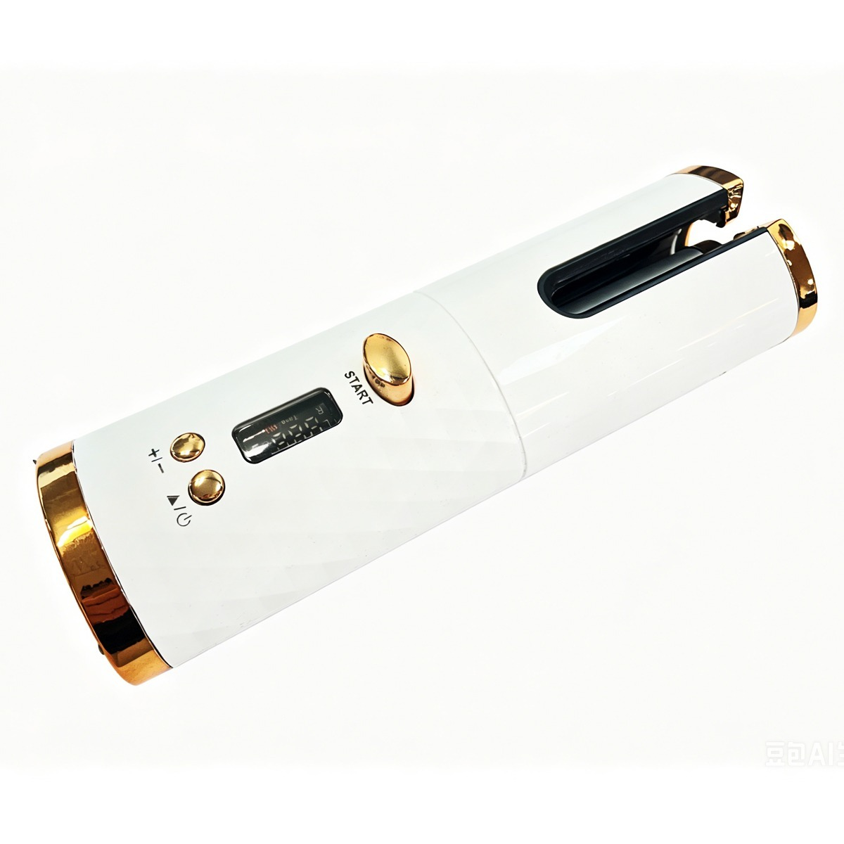 Ein weiß-goldener automatischer Lockenstab mit Digitalanzeige und Bedientasten auf weißem Hintergrund.
