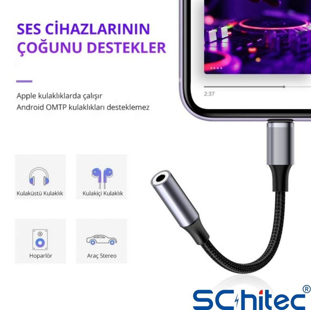 Ses cihazı adaptörü: kulaklık, hoparlör, araç stereo. Apple kulaklıklarla çalışır.