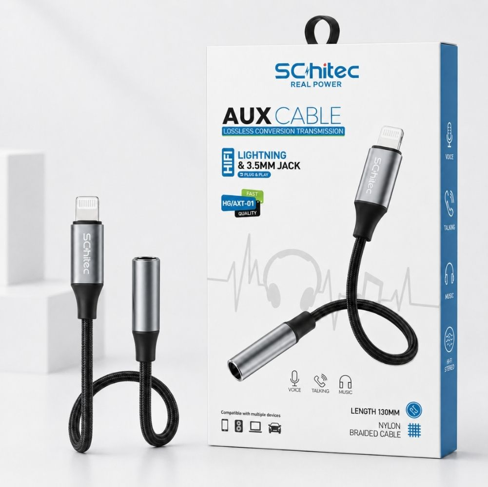 Schitec AUX kablo ambalajı, Lightning - 3,5 mm jak adaptörü ile.