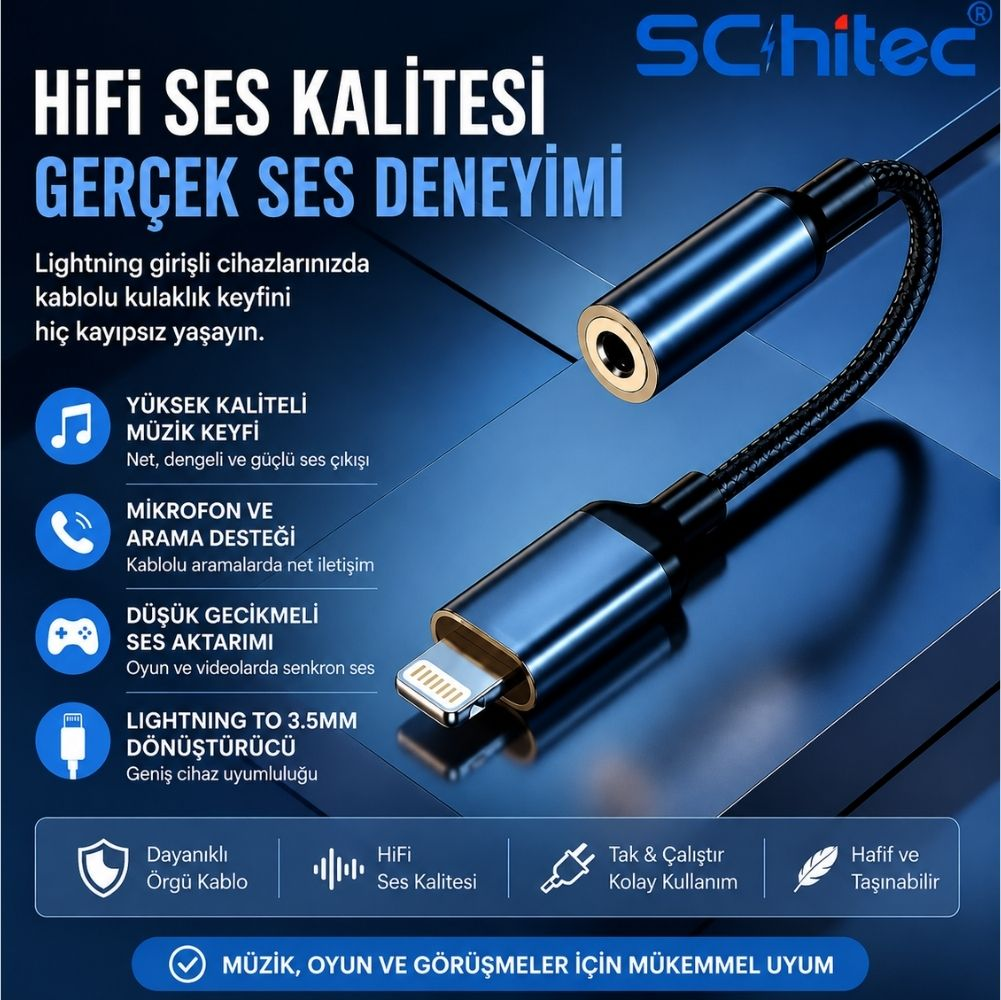 Müzik, arama ve oyunlar için metin ve simgeler içeren mavi Lightning - 3,5 mm adaptör.