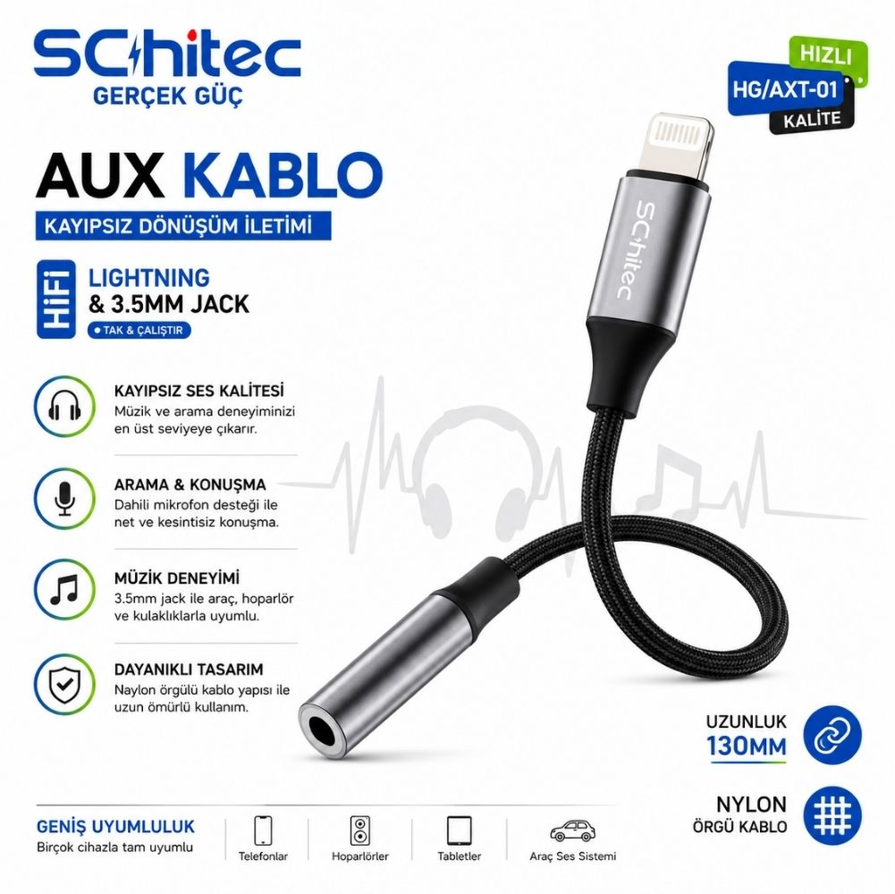 SChitec Lightning - 3,5mm Aux kablosu. Gri fiş, siyah kablo. 130mm uzunluk.
