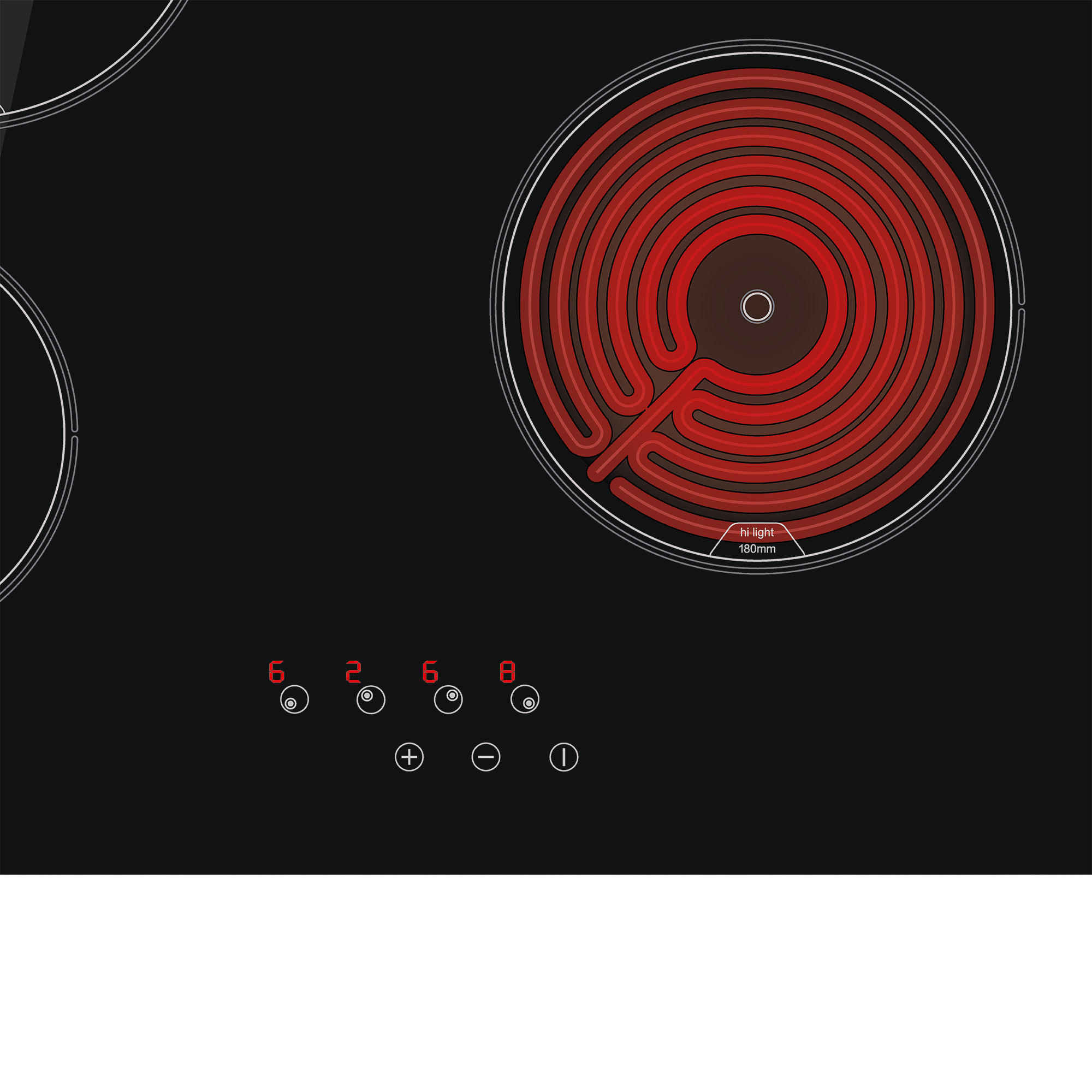 Piano cottura nero con spirale riscaldante rossa e controlli digitali.