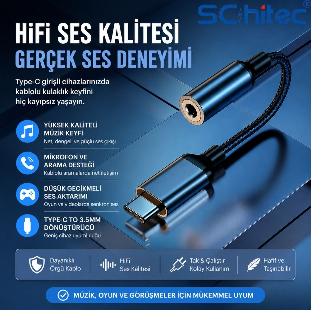 Mavi Type-C - 3,5 mm kulaklık adaptörü, HiFi ses ve mikrofon desteği gibi özellikleri detaylandırıyor.