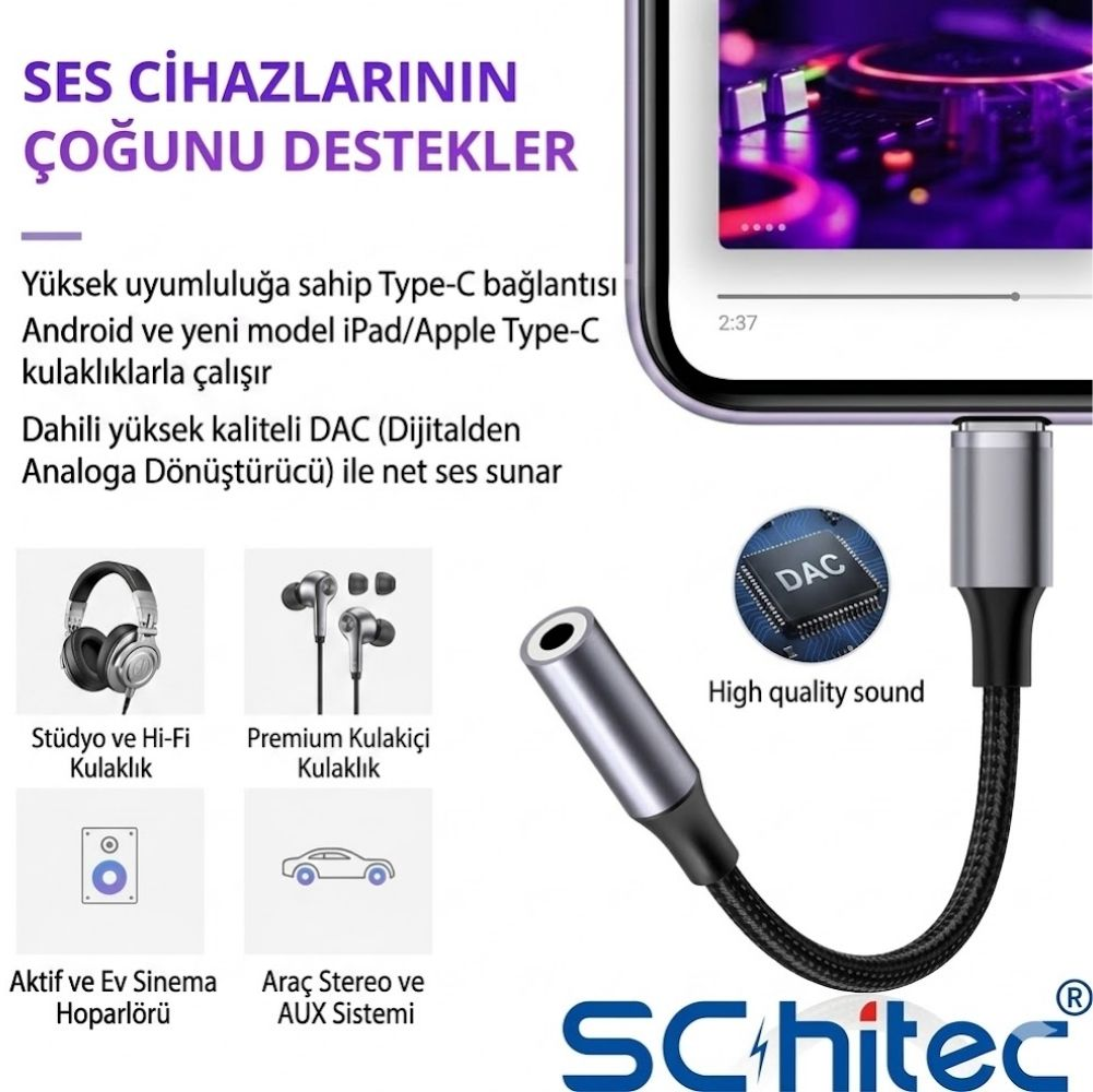 DAC çipli bir Type-C ses adaptörü, müzik çalan bir telefona bağlı, çeşitli ses cihazlarını destekliyor.
