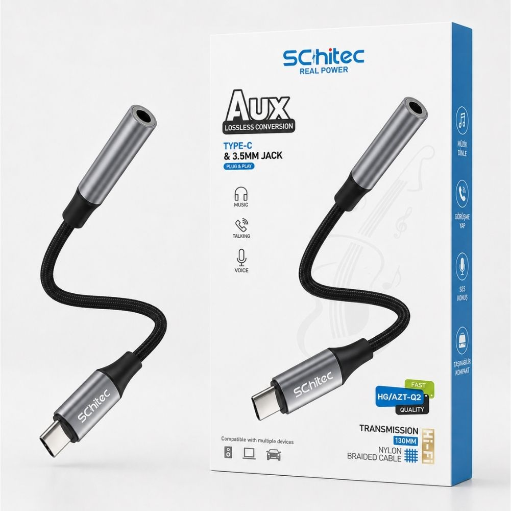 Siyah kablolu bir Schitec Tip-C - 3,5 mm jak adaptörü.