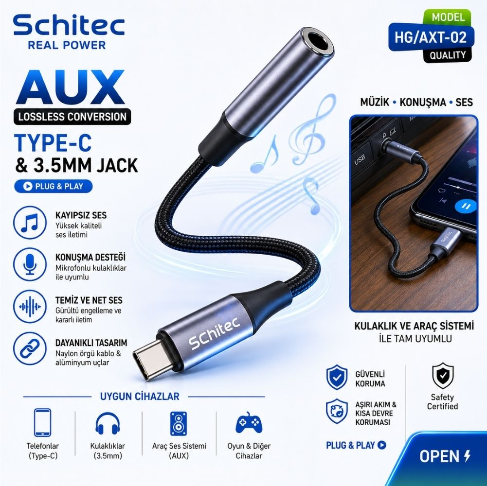 Schitec Type-C'den 3,5 mm jak adaptörüne, kayıpsız ses, dayanıklı tasarım ve tak ve çalıştır.