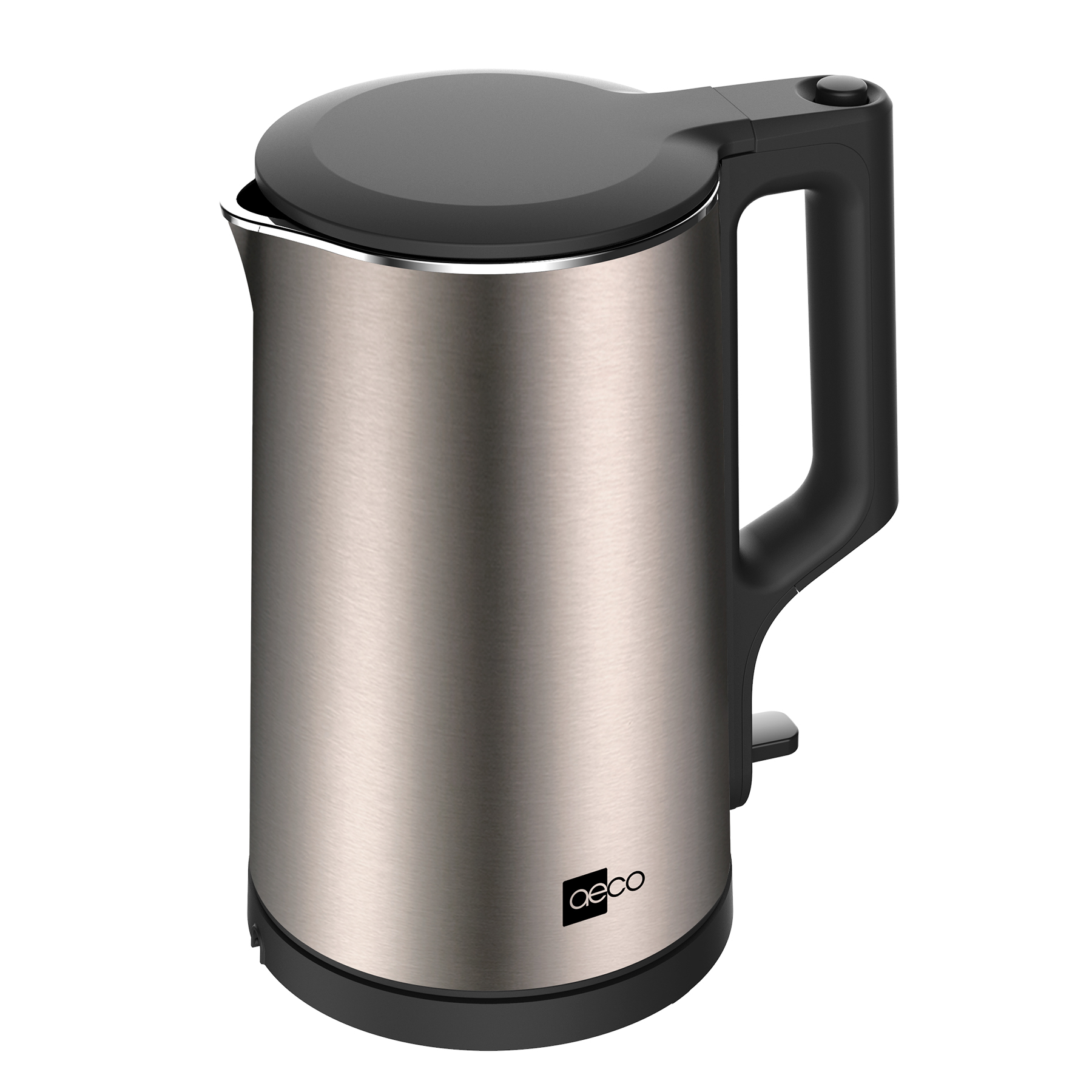 Ein moderner Wasserkocher aus gebürstetem Edelstahl mit schwarzem Deckel, Griff und Sockel, mit dem "aeco"-Logo.