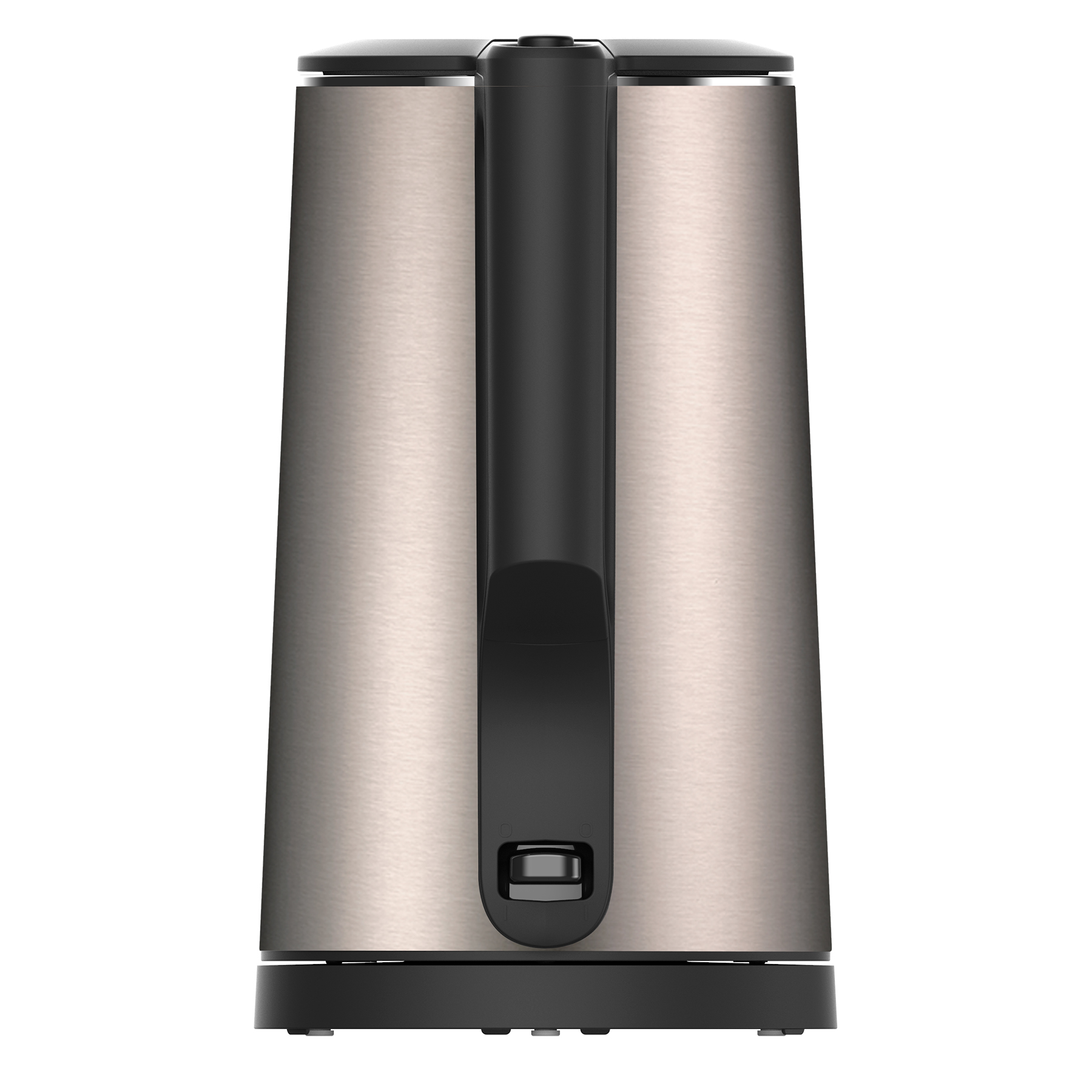Ein silberner Wasserkocher mit schwarzem Griff und Bedienelement.